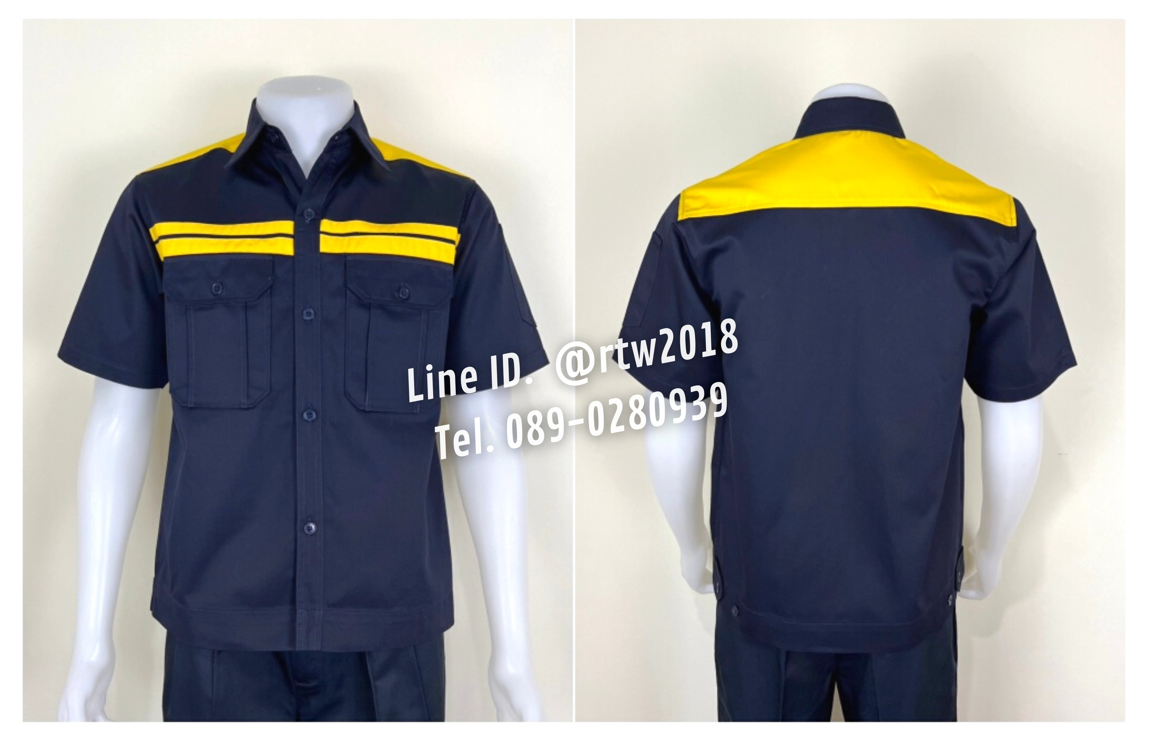 รหัส A19.1 : เสื้อช่างแขนสั้นผ้าคอมทวิวสีกรมท่าคาดอกเหลืองคู่