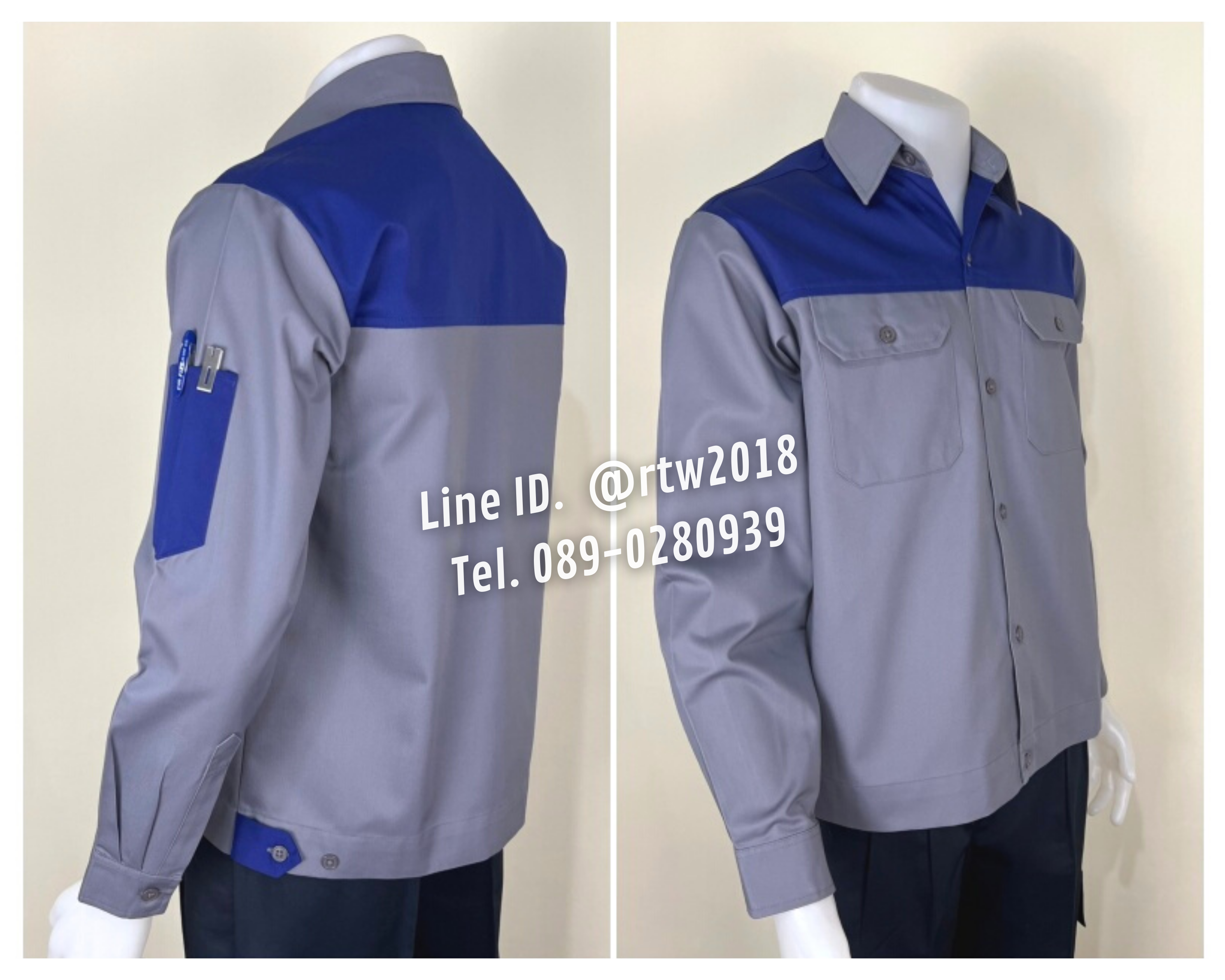 รหัส AB14.6 : เสื้อช่างแขนยาวผ้าคอมทวิวสีเทาอกน้ำเงิน