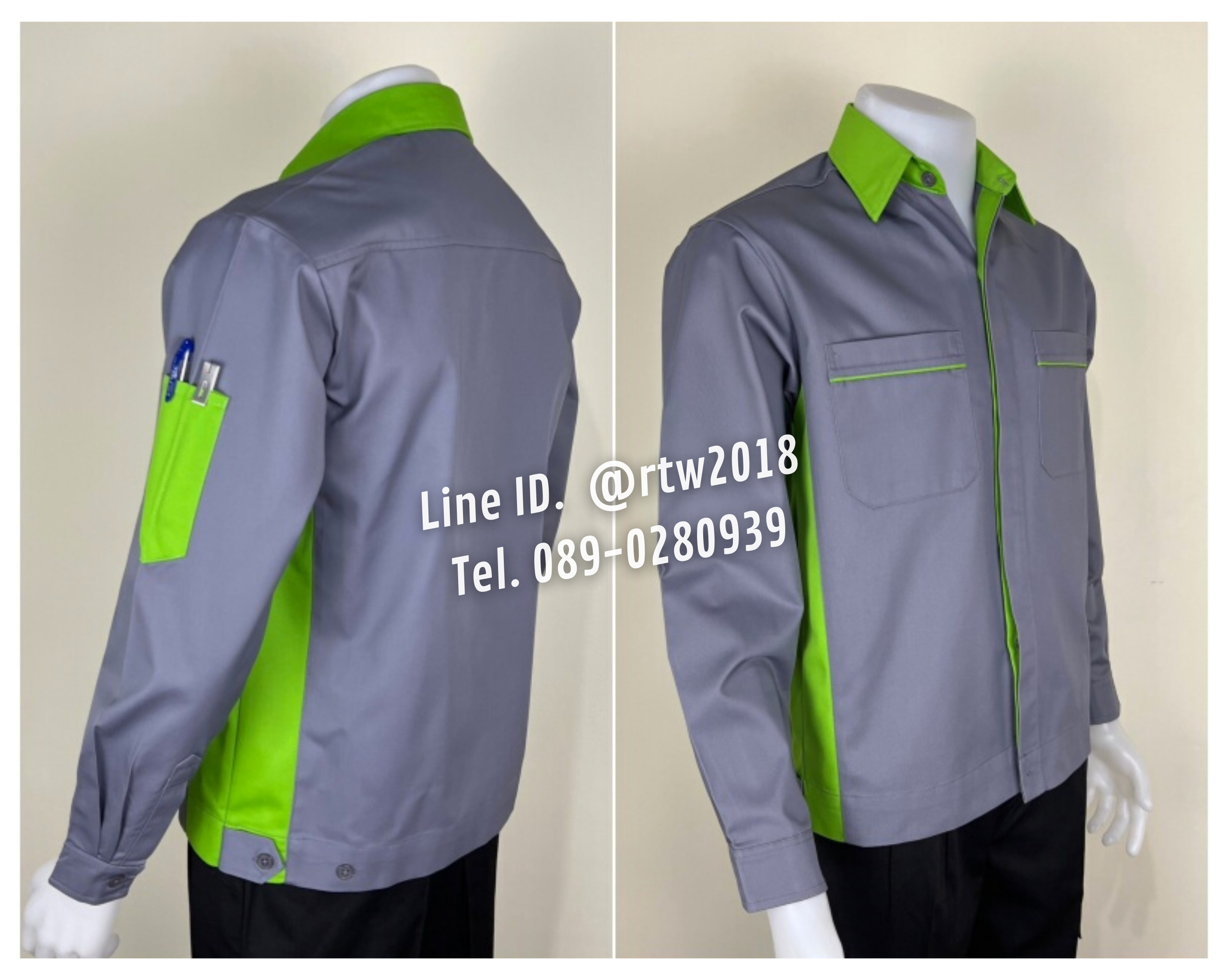 รหัส AB9.4 : เสื้อช่างแขนยาวผ้าคอมทวิวสีเทาข้างเขียวอ่อน (ซ่อนสาบ)