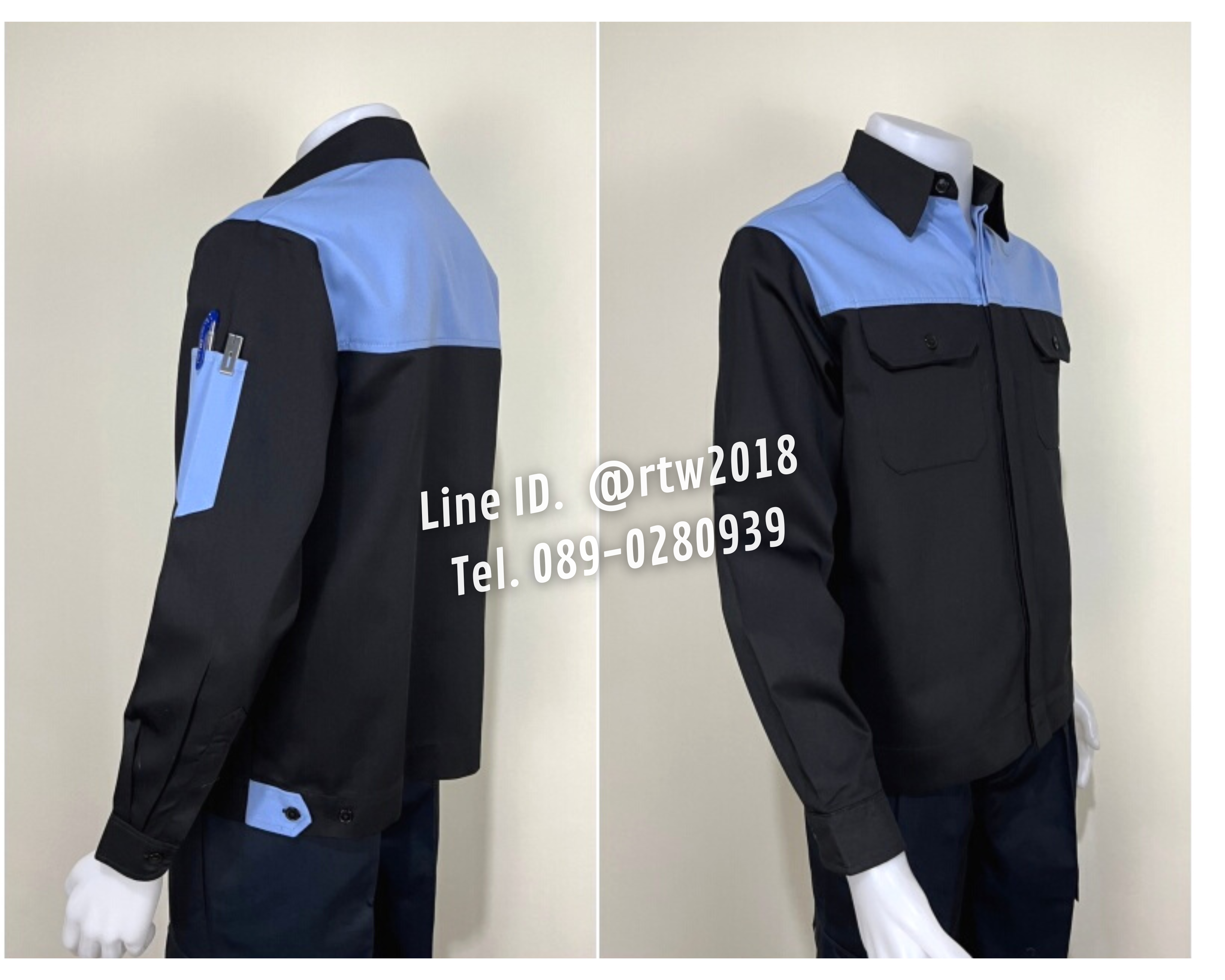 รหัส AB4.8 : เสื้อช่างแขนยาวผ้าคอมทวิวดำอกฟ้า (ซ่อนสาบ)