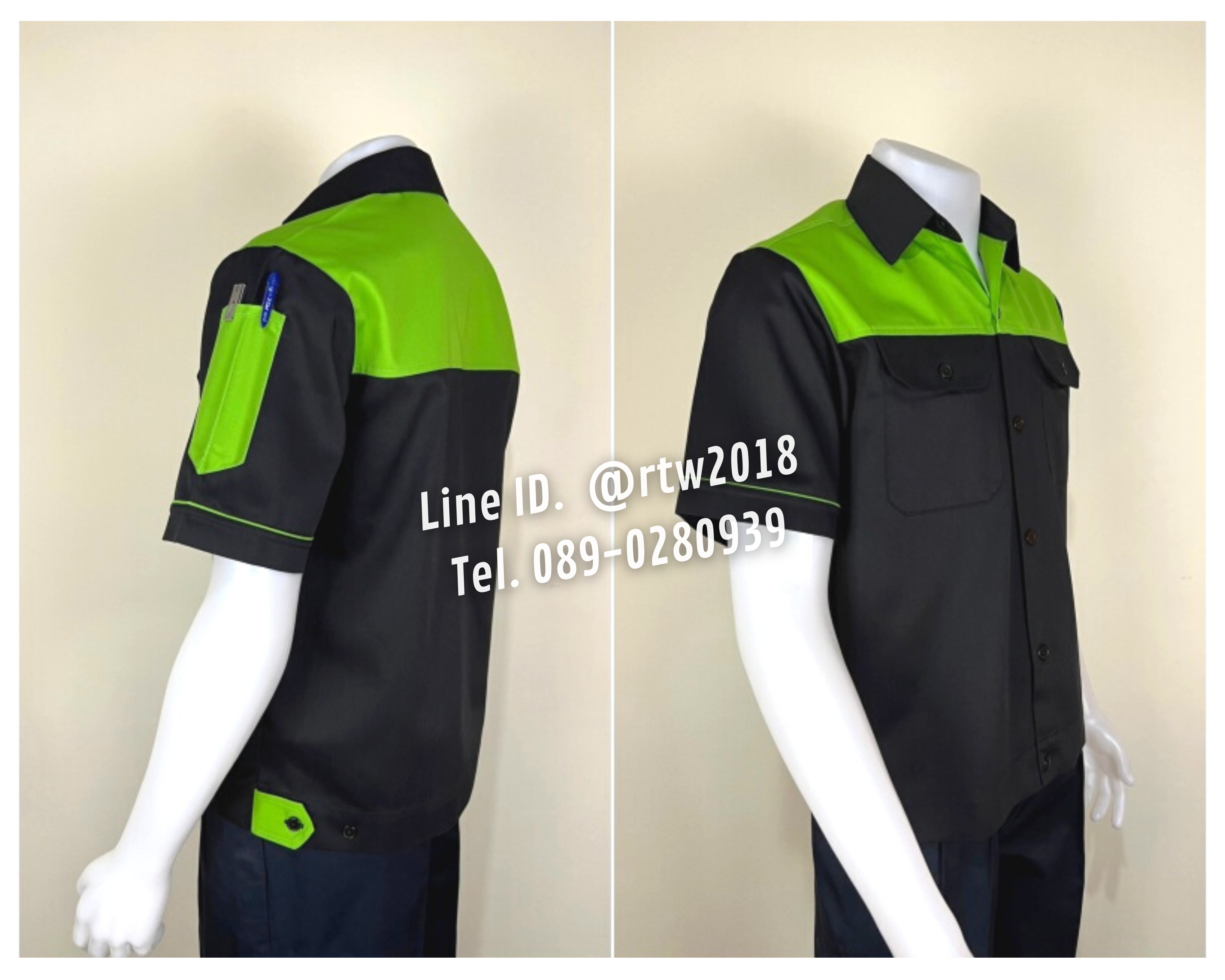 รหัส A24.3 : เสื้อช่างแขนสั้นผ้าคอมทวิวดำอกเขียวอ่อน