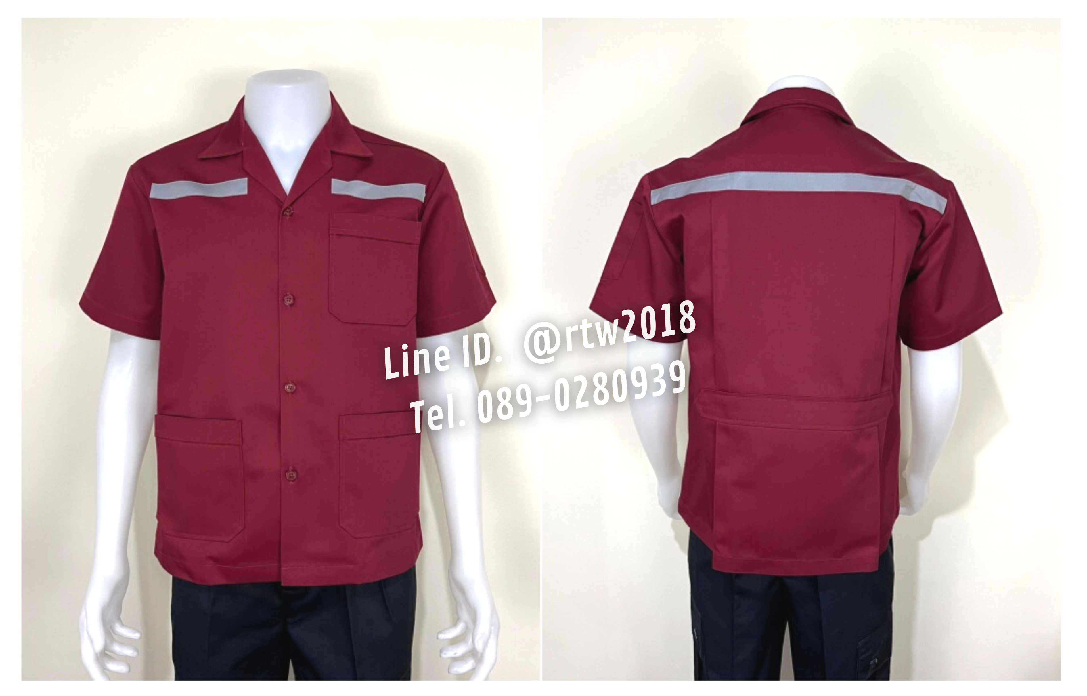 รหัส A1.8 : เสื้อช่างแขนสั้นผ้าคอมทวิวสามกระเป๋าสีเลือดหมูล้วน (ติดสะท้อนแสง)