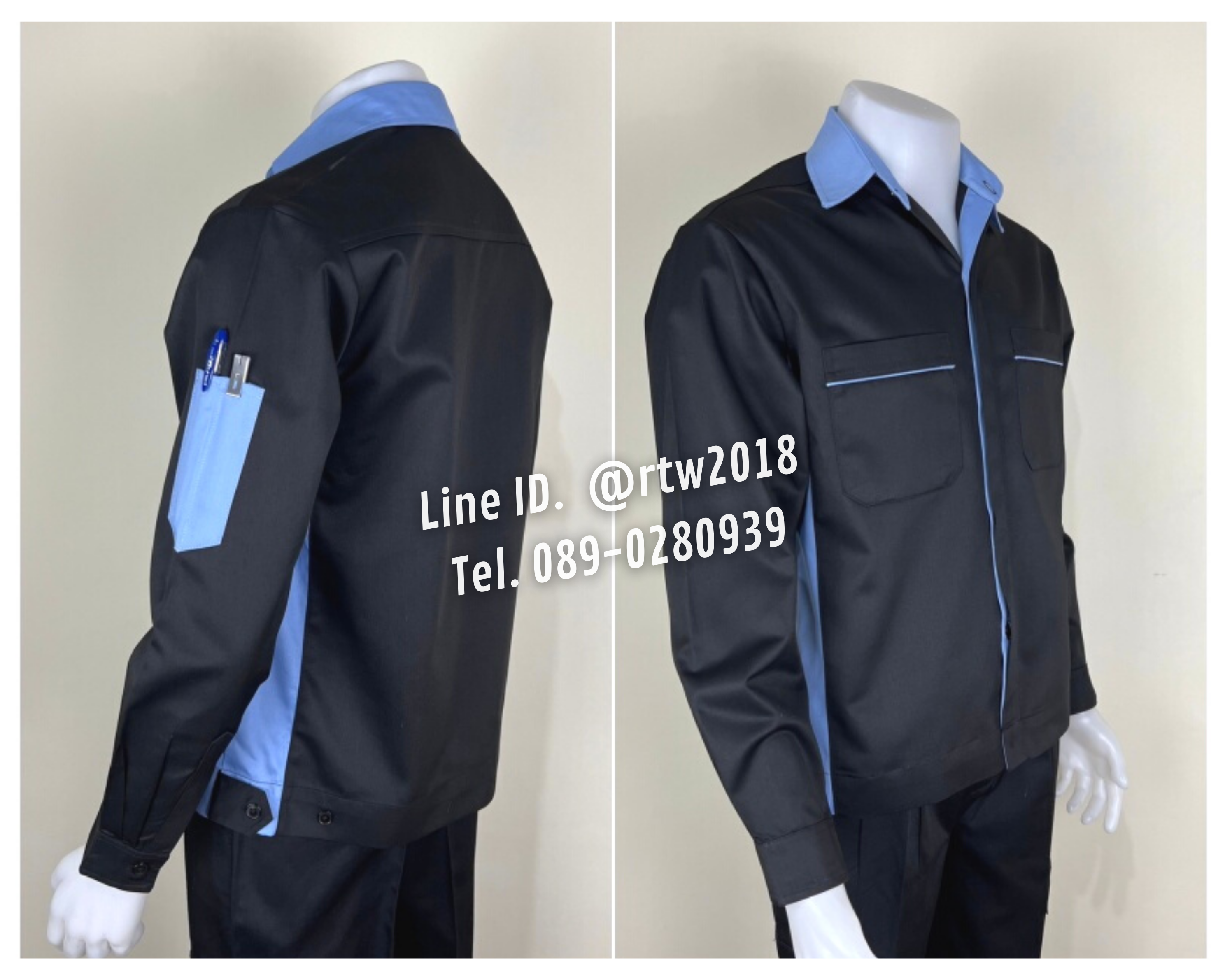 รหัส AB11.2 : เสื้อช่างแขนยาวผ้าคอมทวิวสีดำข้างฟ้า (ซ่อนสาบ)