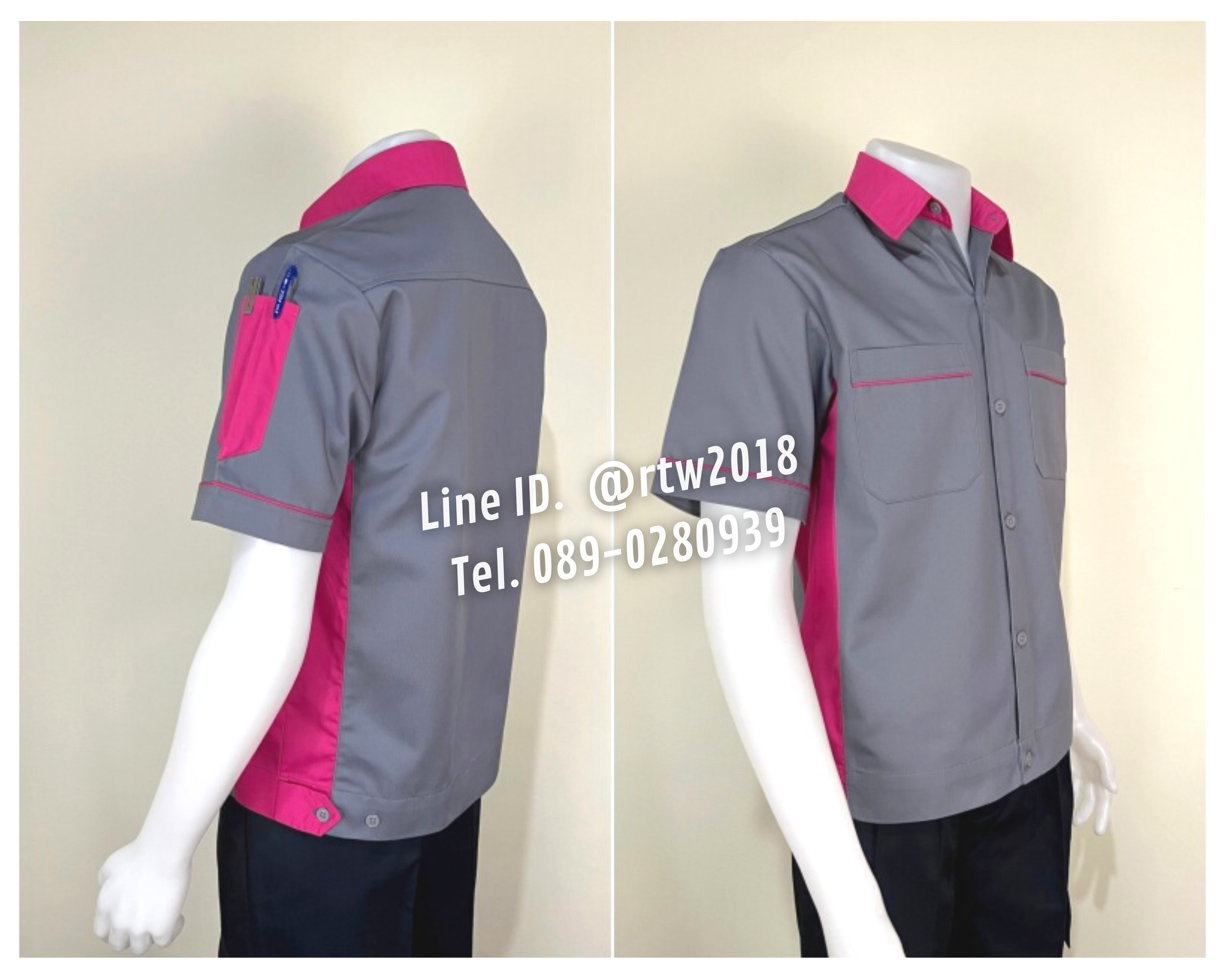 รหัส A11.13 : เสื้อช่างแขนสั้นผ้าคอมทวิวสีเทาข้างชมพูเข้ม