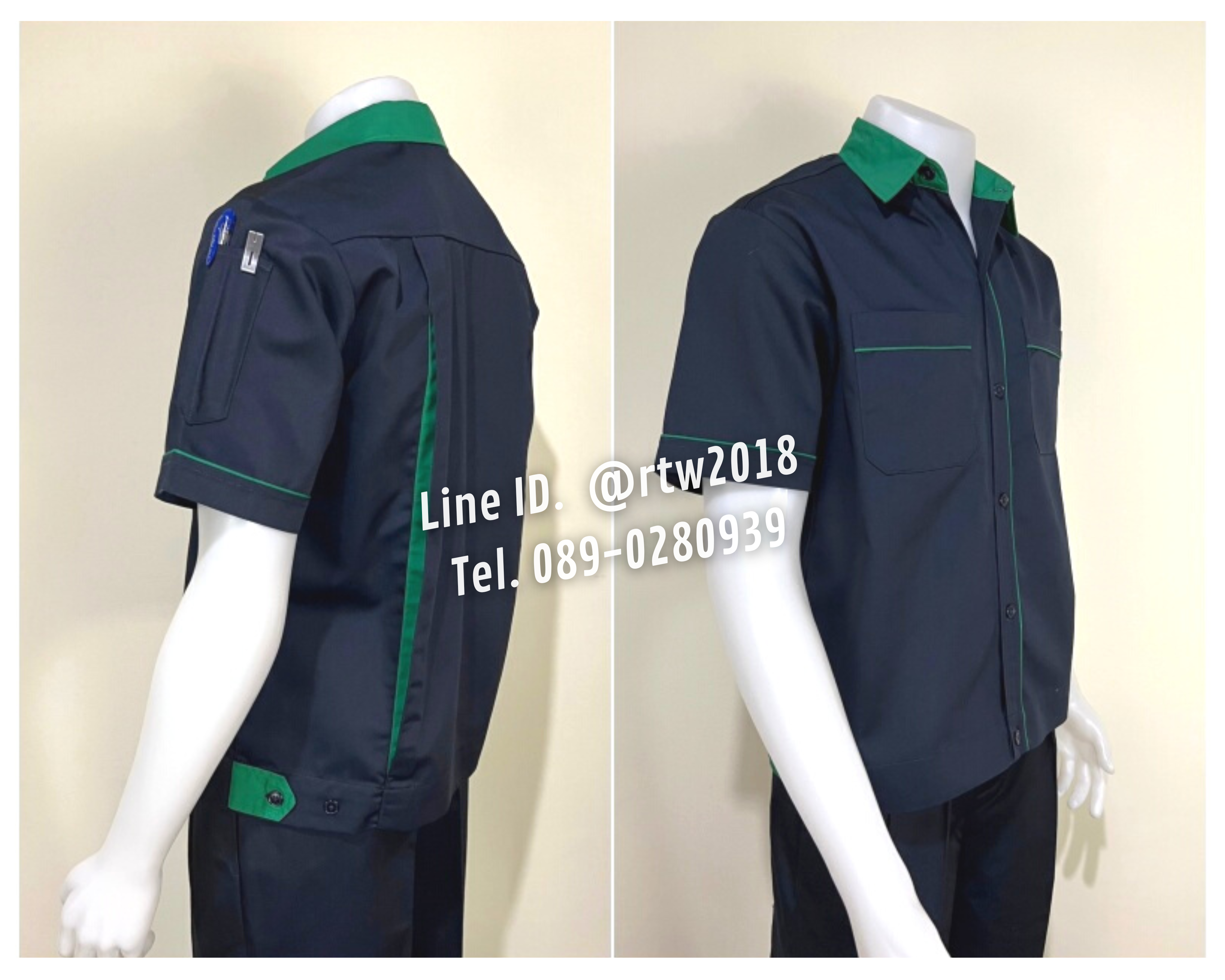 รหัส A6.4 : เสื้อช่างแขนสั้นผ้าคอมทวิวสีกรมท่ากุ้นเขียวเข้ม