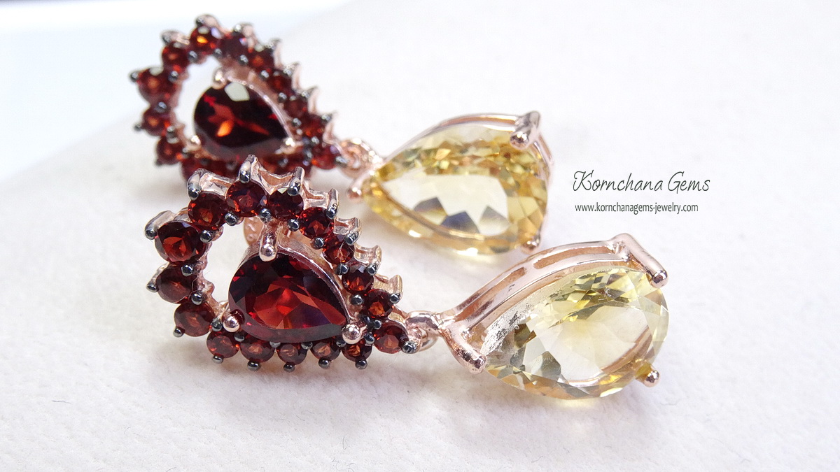 ต่างหูการ์เนทหรือโกเมนสีแดงน้ำตาลเข้มสวยจับคู่พลอยซิทรินทรงลูกแพรสีเหลืองสด ไฟดี ต่างหูห้อยยาว สวยสง่า เลอค่าสไตล์เจ้าหญิง ตัวเรือนเงินแท้