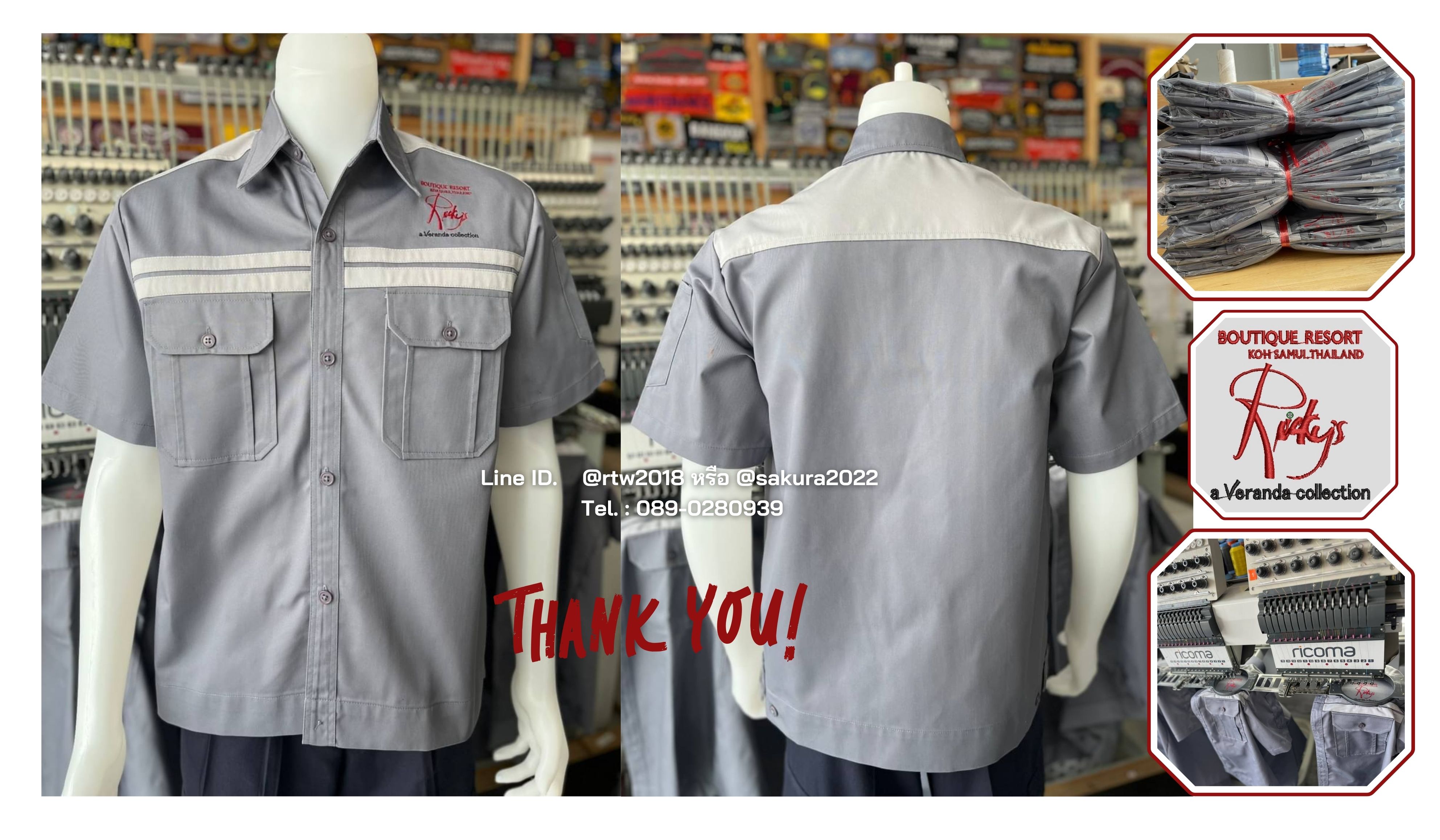 รหัส A19.4 : เสื้อช่างแขนสั้นผ้าคอมทวิวสีเทาคาดอกเทาอ่อนคู่