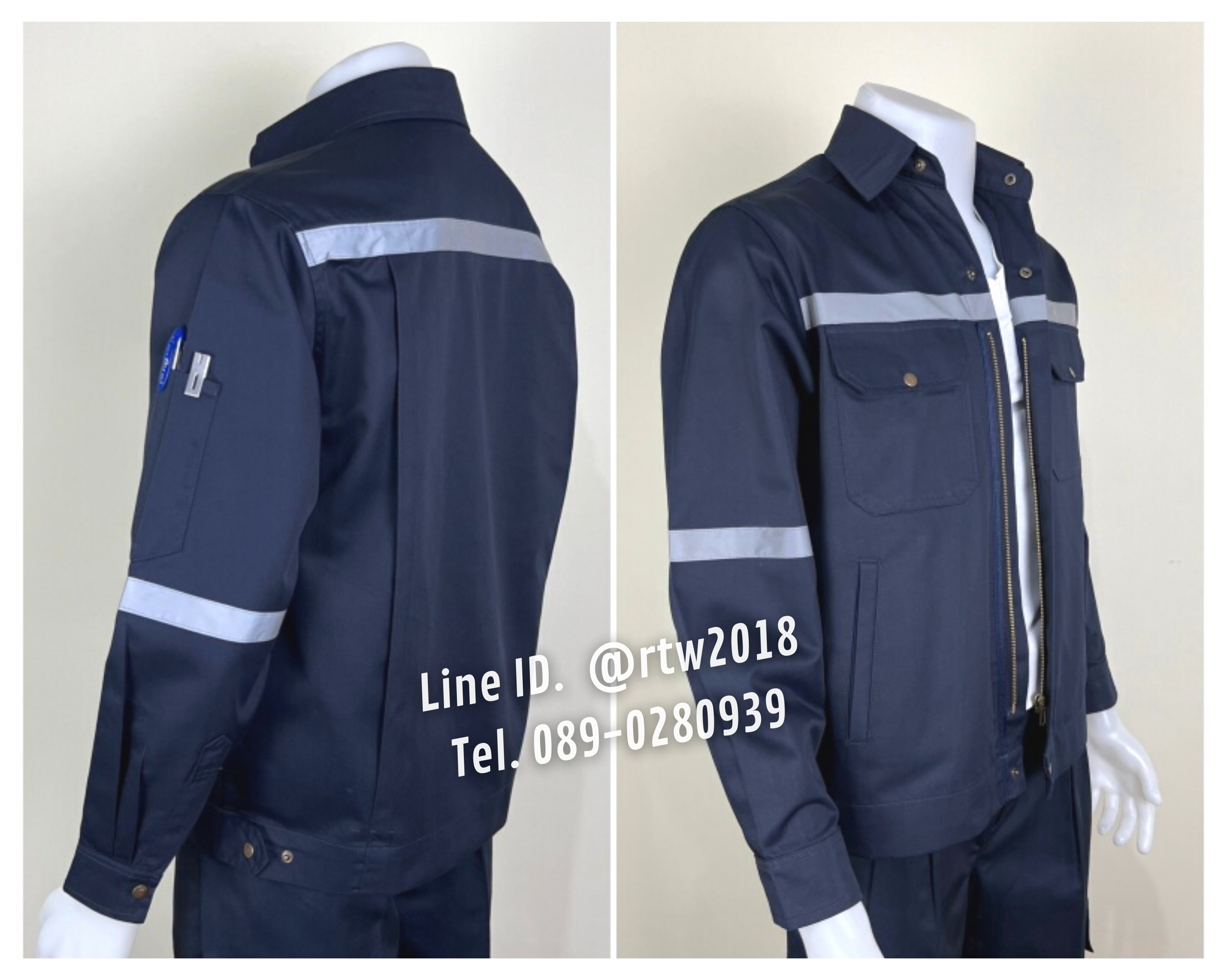 รหัส AB17.1 : เสื้อช่างแจ็คเก็ตแขนยาวผ้าคอมทวิว 4 กระเป๋าสีกรมท่า (ติดสะท้อนแสง)