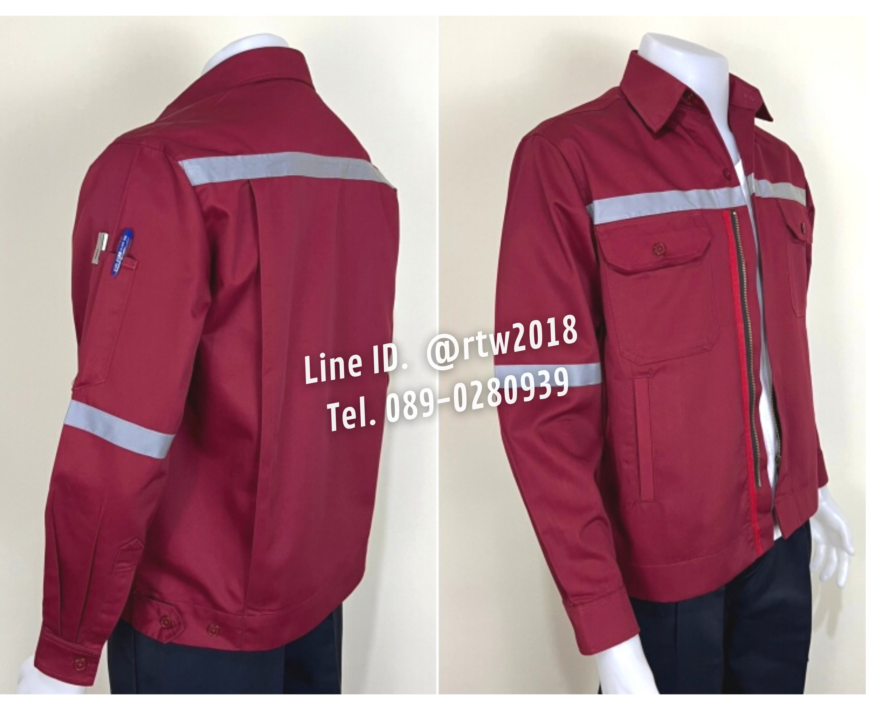 รหัส AB7.5 : เสื้อช่างแจ็คเก็ตแขนยาวผ้าคอมทวิวสีเลือดหมู 4 กระเป๋า (ติดสะท้อนแสง)