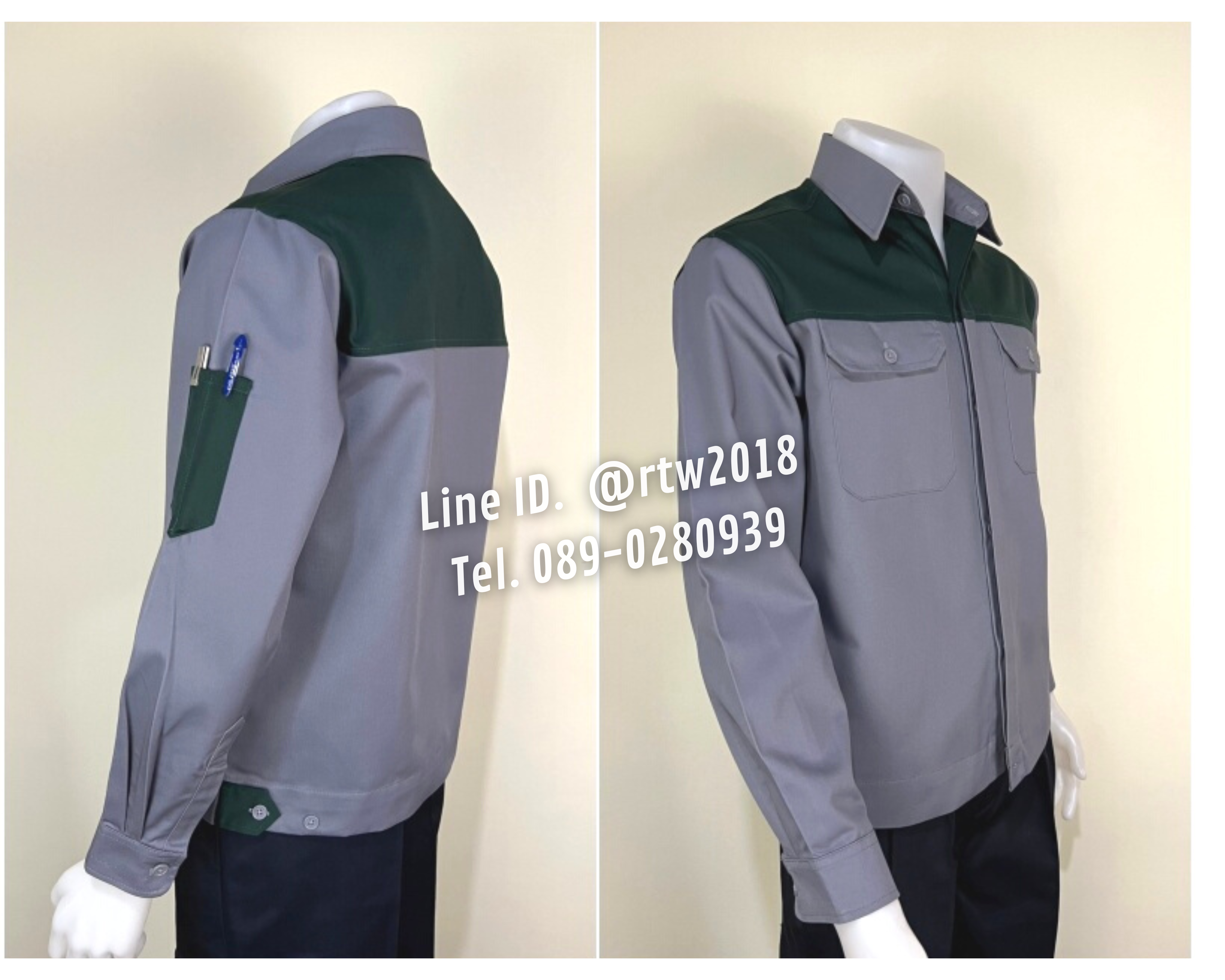 รหัส AB2.4 : เสื้อช่างแขนยาวผ้าคอมทวิวเทาอกเขียวแก่ (ซ่อนสาบ)