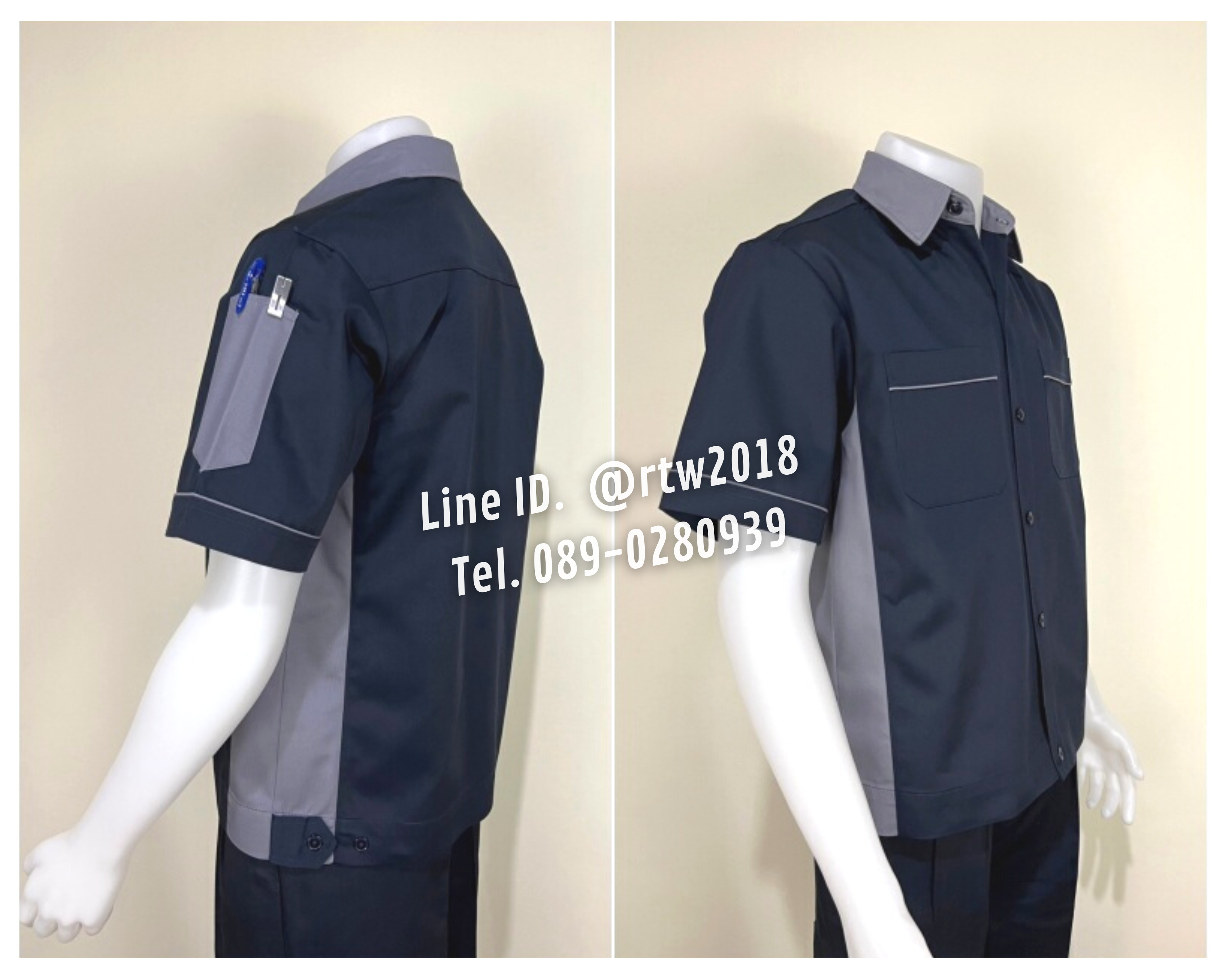 รหัส A12.14 : เสื้อช่างแขนสั้นผ้าคอมทวิวสีกรมท่าข้างเทา