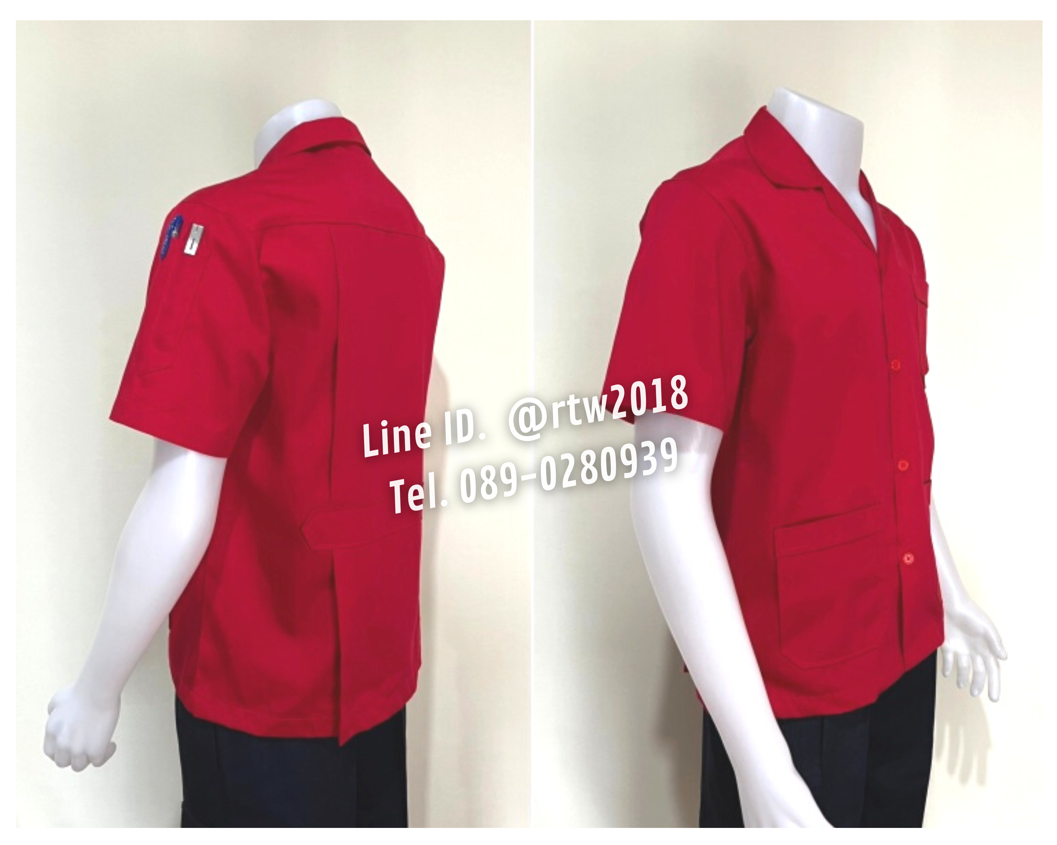 รหัส A1.7 : เสื้อช่างแขนสั้นผ้าคอมทวิวสามกระเป๋าสีแดงล้วน