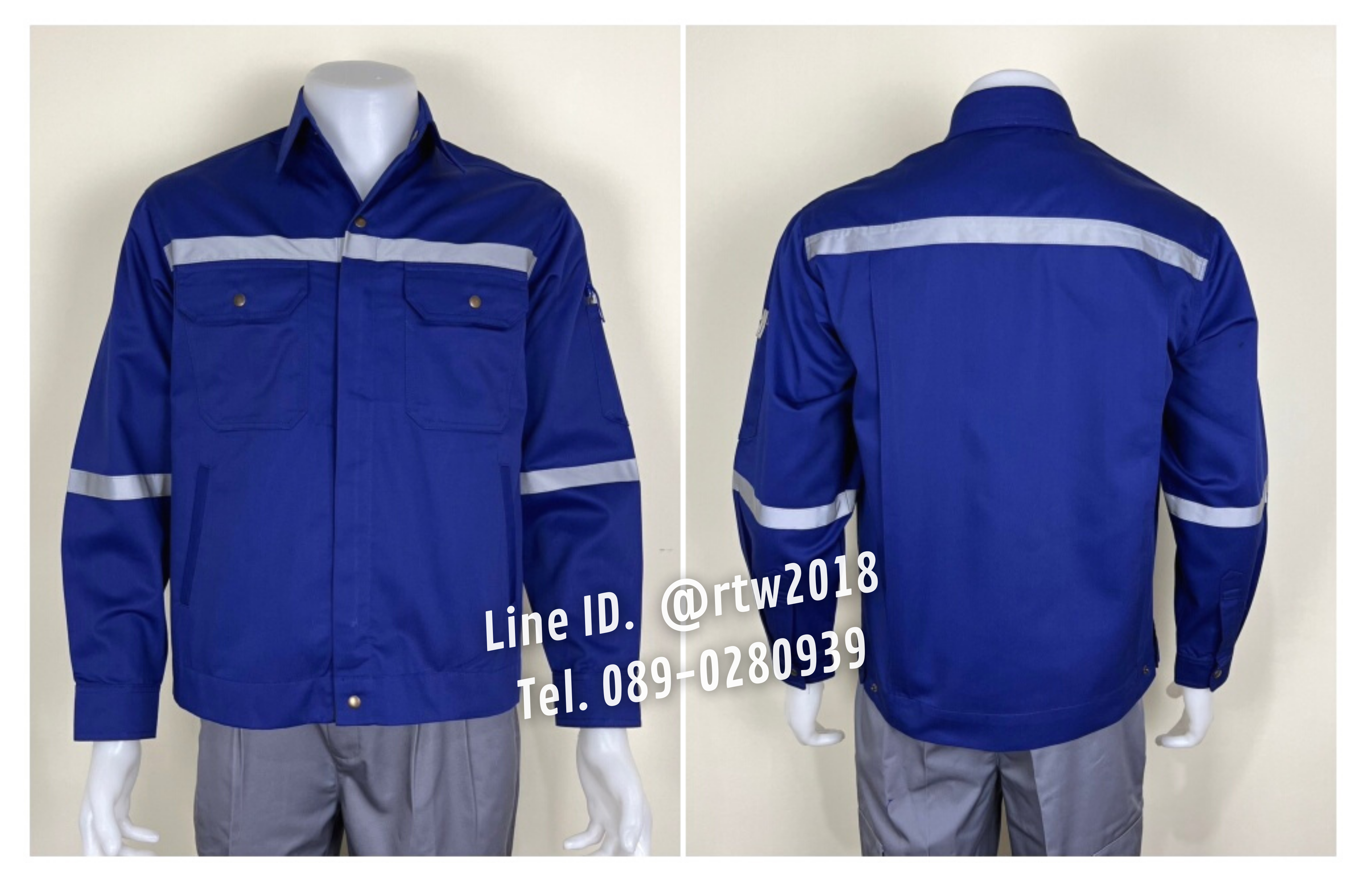 รหัส AB17.6 : เสื้อช่างแจ็คเก็ตแขนยาวผ้าคอมทวิว 4 กระเป๋าสีน้ำเงิน (ติดสะท้อนแสง)