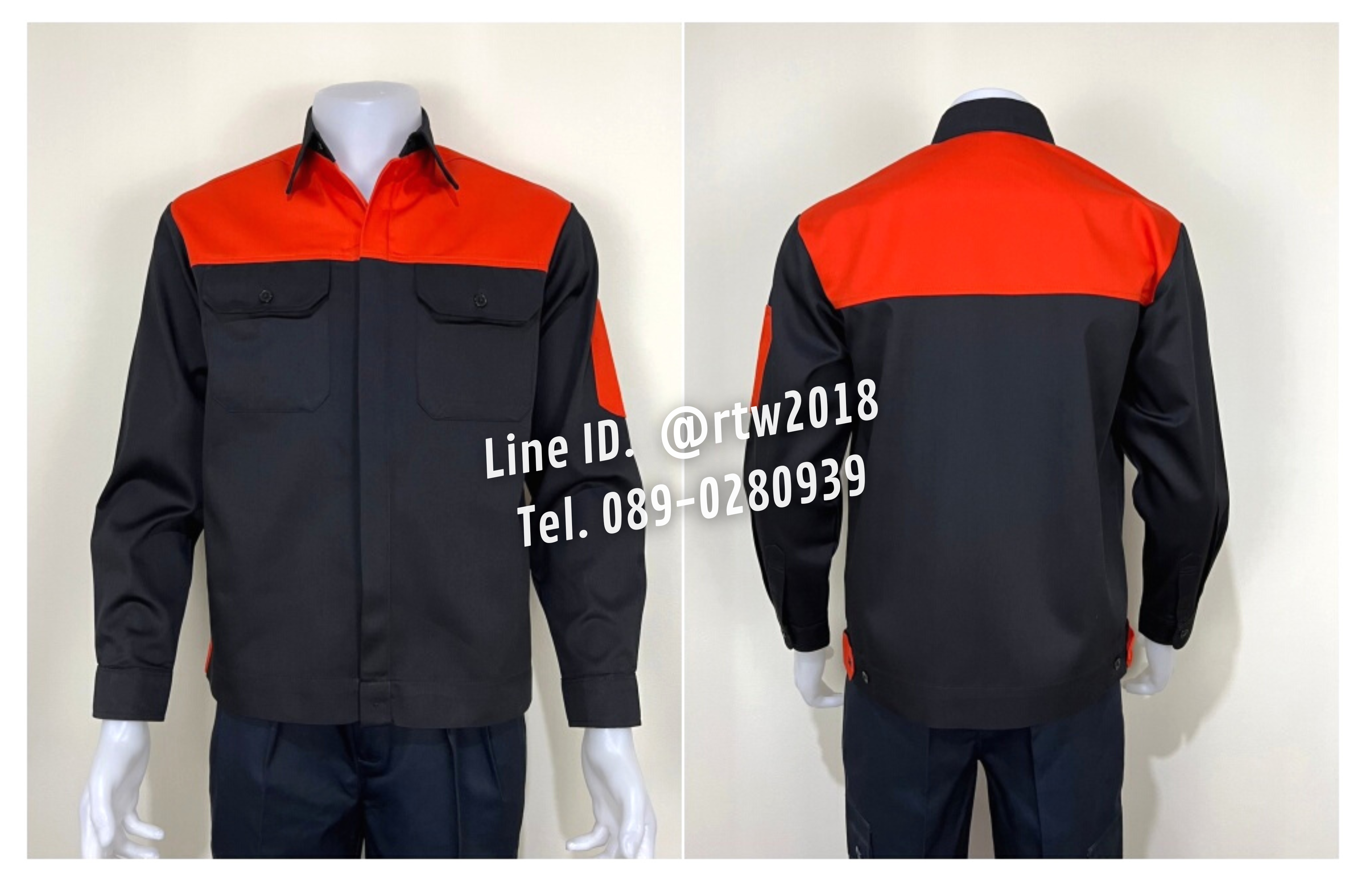 รหัส AB4.2 : เสื้อช่างแขนยาวผ้าคอมทวิวดำอกส้ม (ซ่อนสาบ)