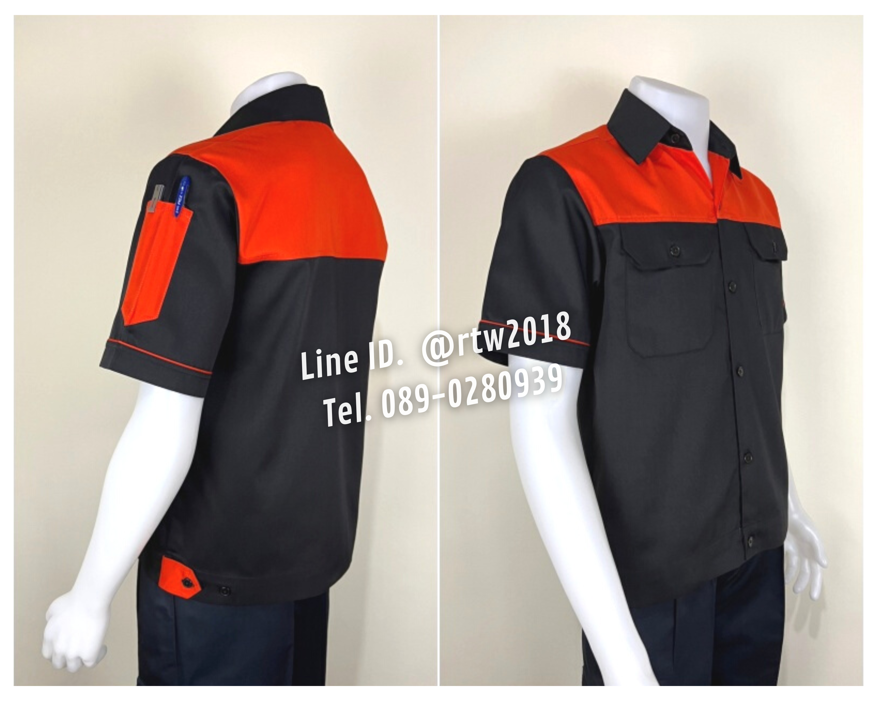 รหัส A24.5 : เสื้อช่างแขนสั้นผ้าคอมทวิวดำอกส้ม