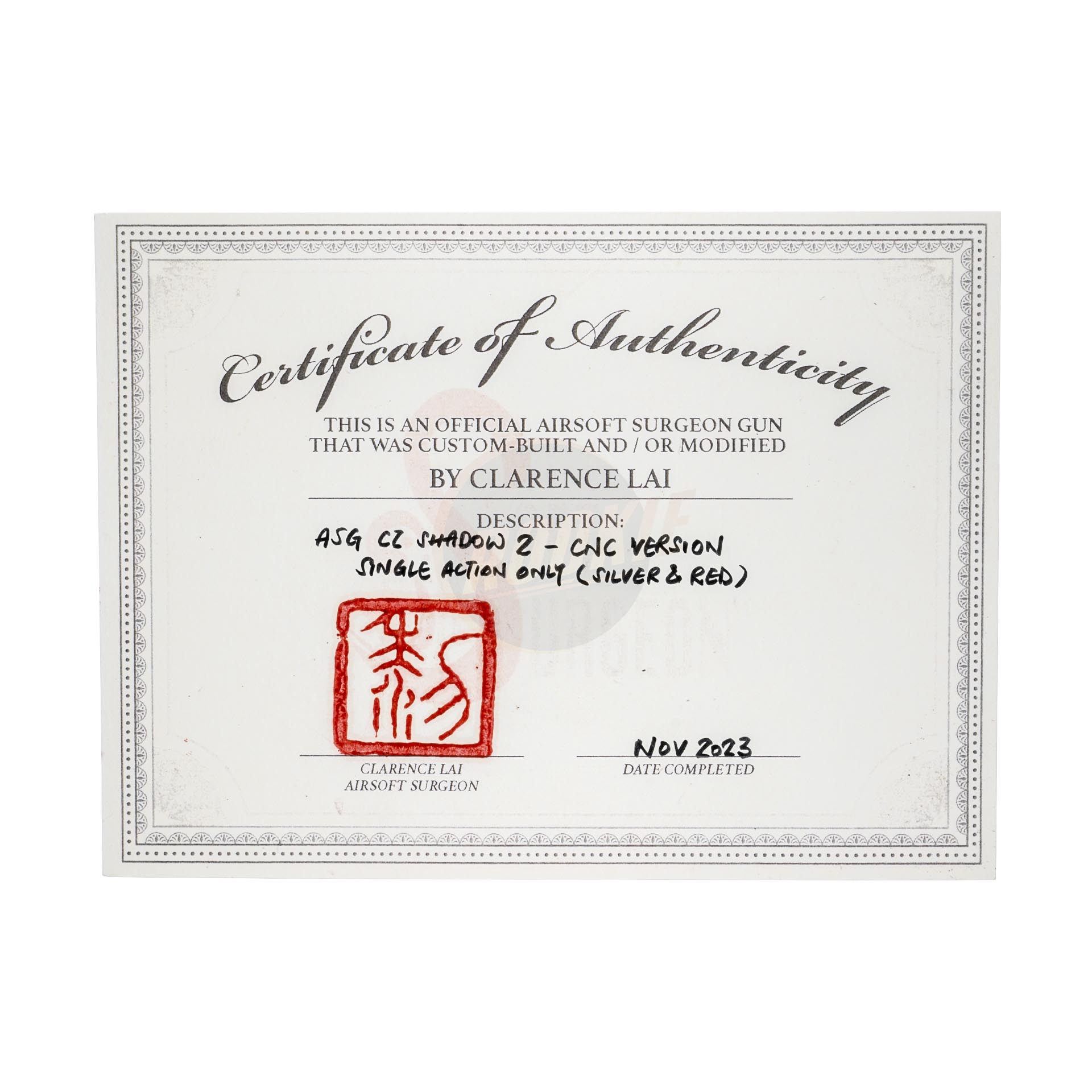 CL Project Custom KJ CZ Shadow 2 Single Action GBB (CNC Version) - Silver & Red Limited Edition