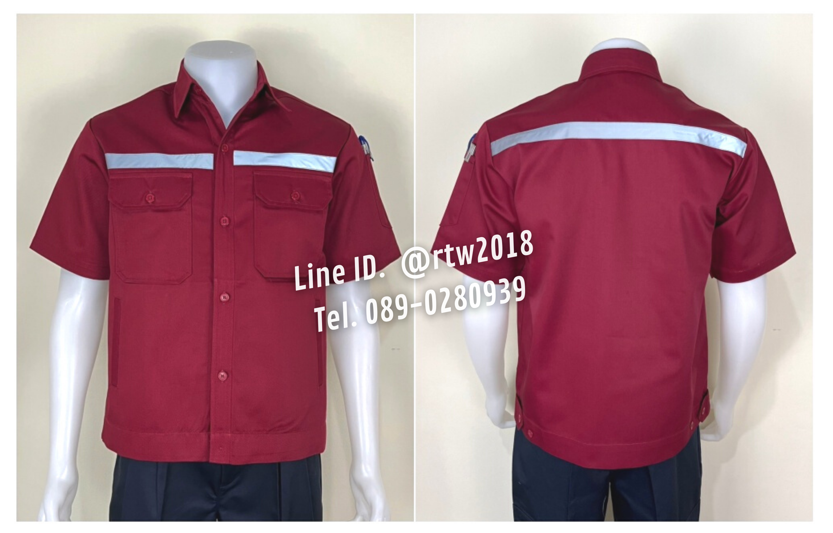 รหัส A4.5 : เสื้อช่างแขนสั้นผ้าคอมทวิวสี่กระเป๋าสีเลือดหมูล้วน (ติดสะท้อนแสง)