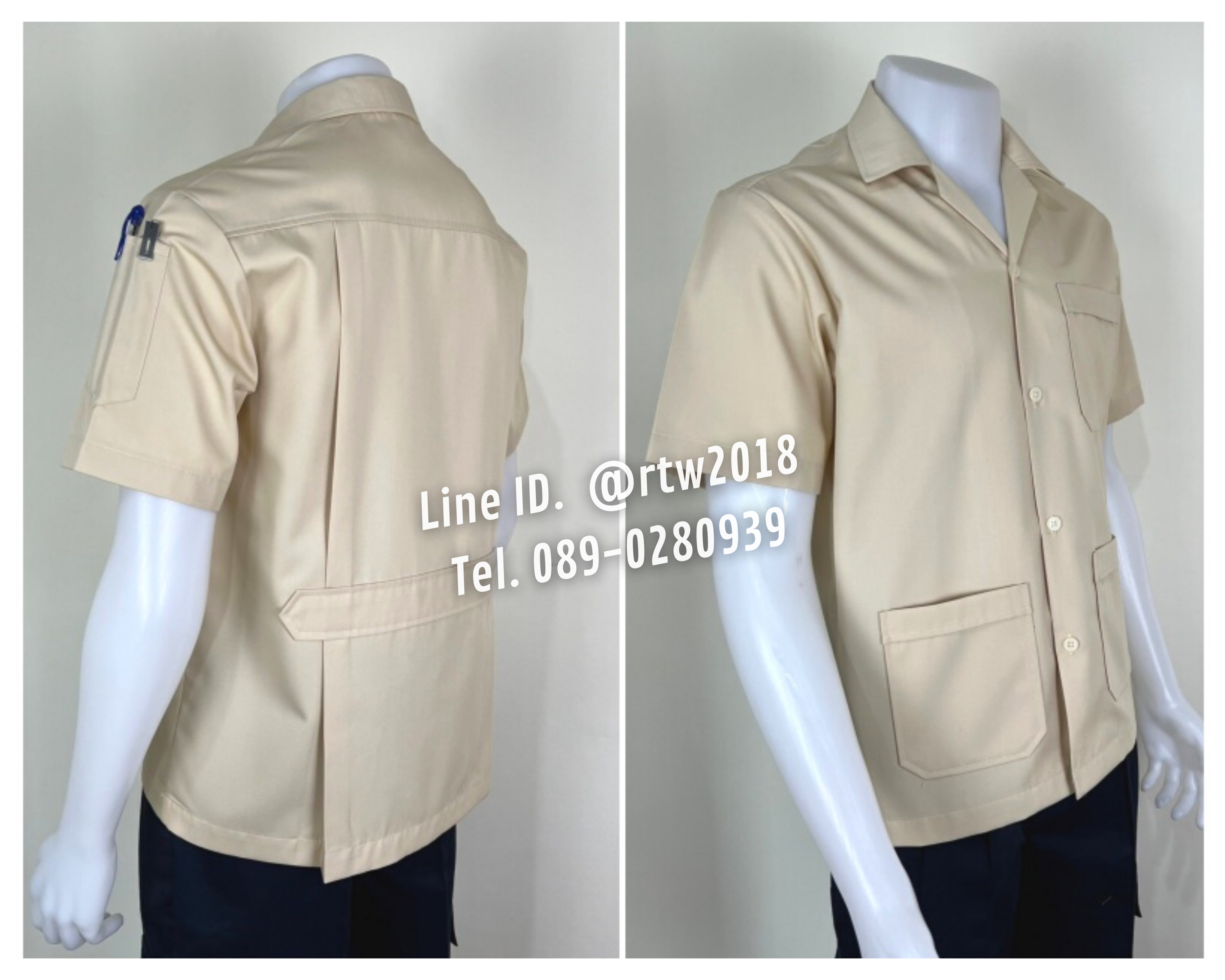 รหัส A1.12 : เสื้อช่างแขนสั้นผ้าคอมทวิวสามกระเป๋าสีครีมล้วน