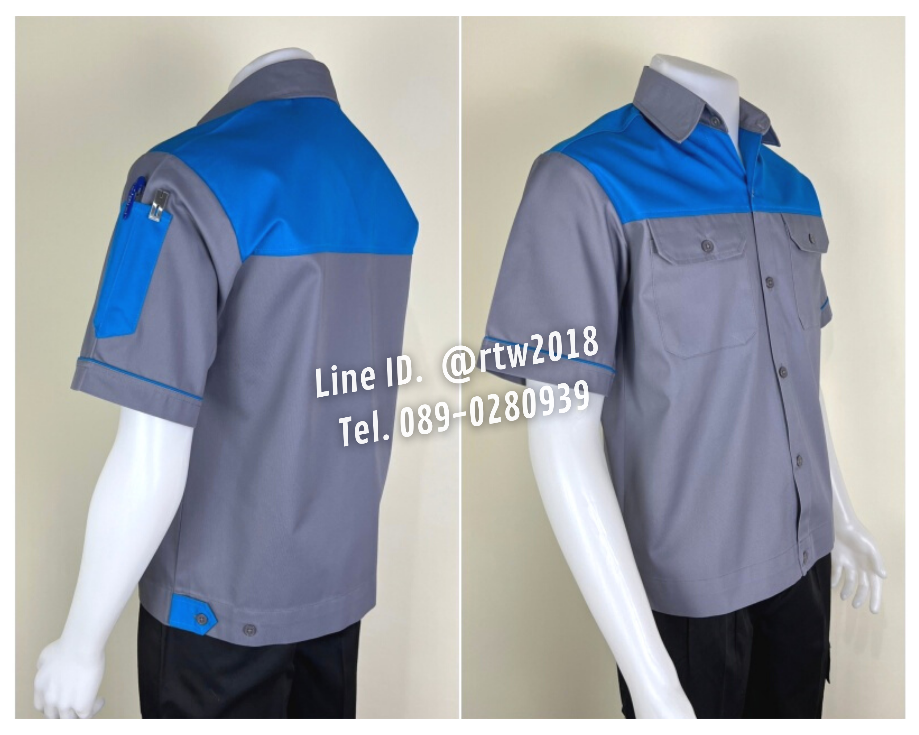 รหัส A22.2 : เสื้อช่างแขนสั้นผ้าคอมทวิวเทาอกฟ้าเข้ม