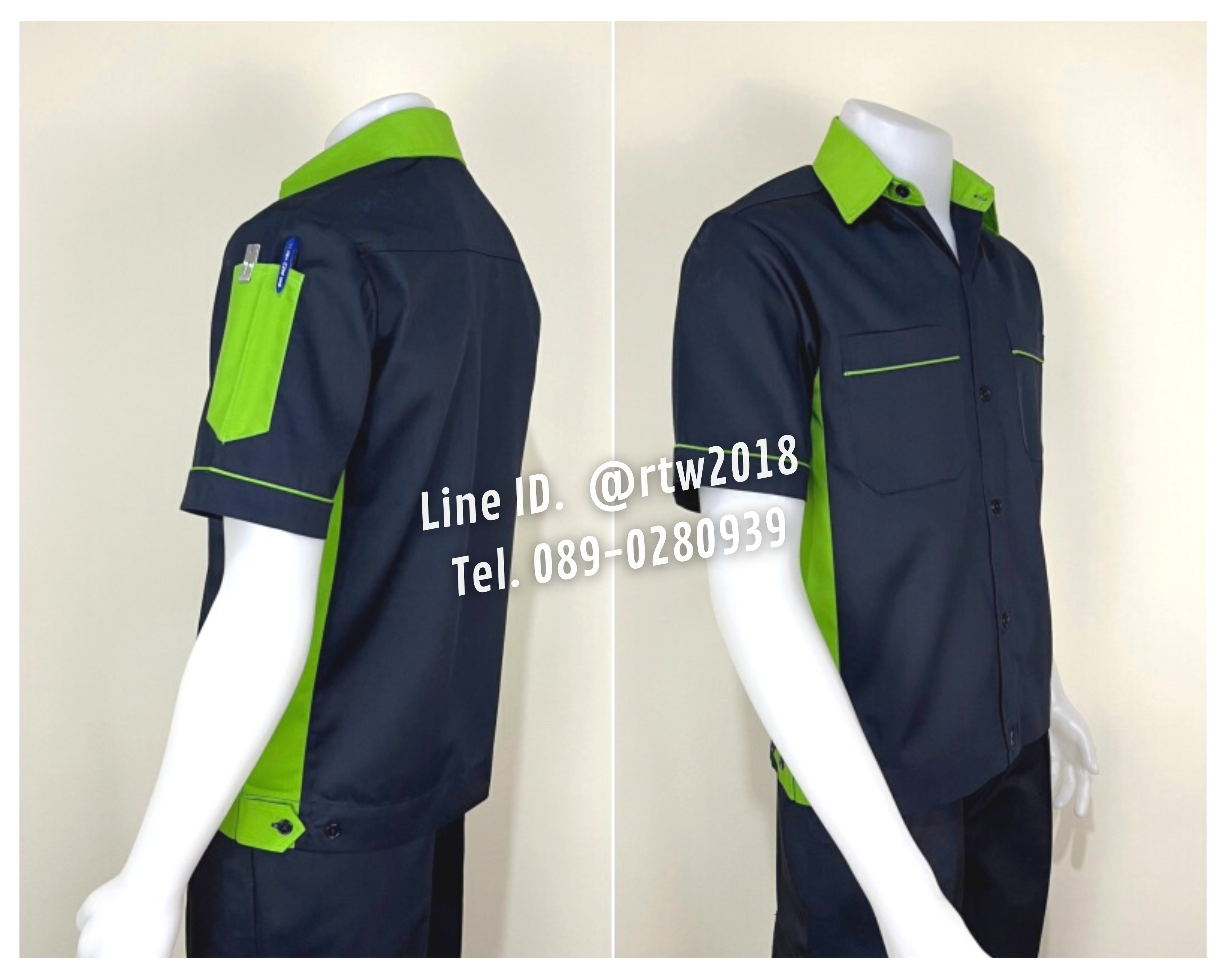 รหัส A12.6 : เสื้อช่างแขนสั้นผ้าคอมทวิวสีกรมท่าข้างเขียวอ่อน