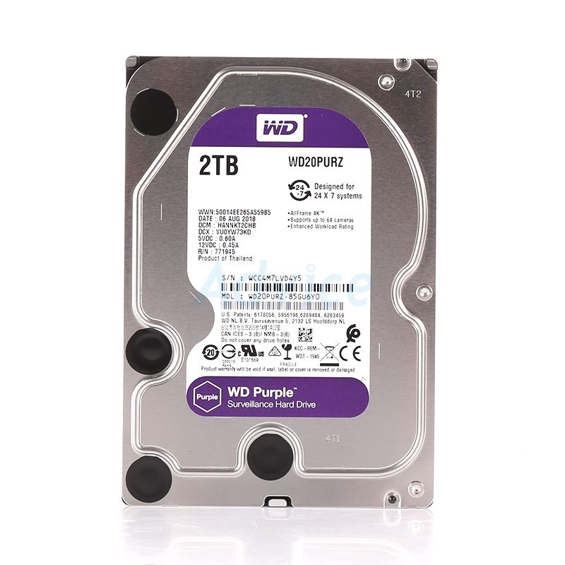 WD Purple 3.5" Harddisk for CCTV 2TB (รับประกัน 3 ปี)