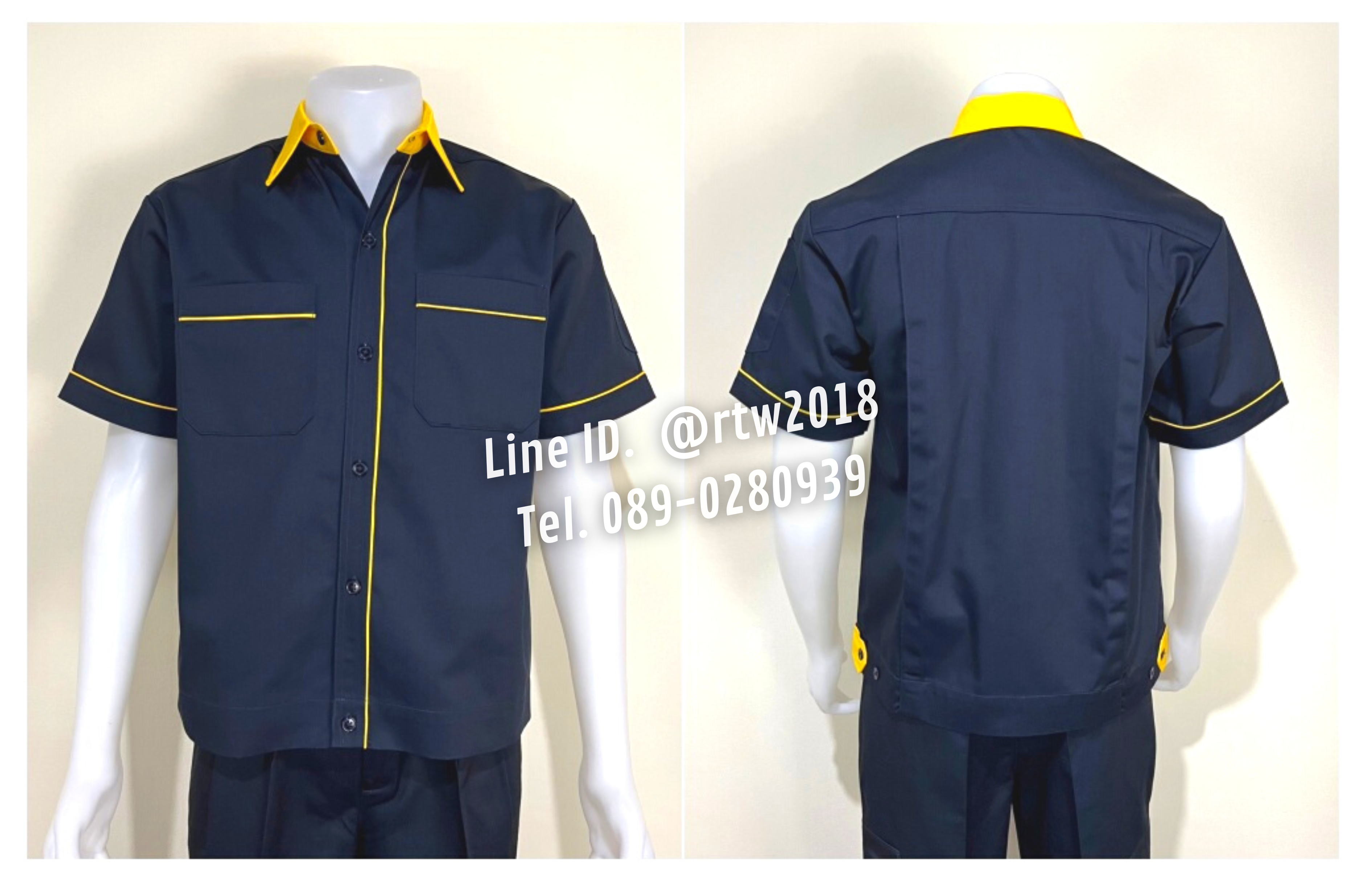 รหัส A6.7 : เสื้อช่างแขนสั้นผ้าคอมทวิวสีกรมท่ากุ้นเหลือง