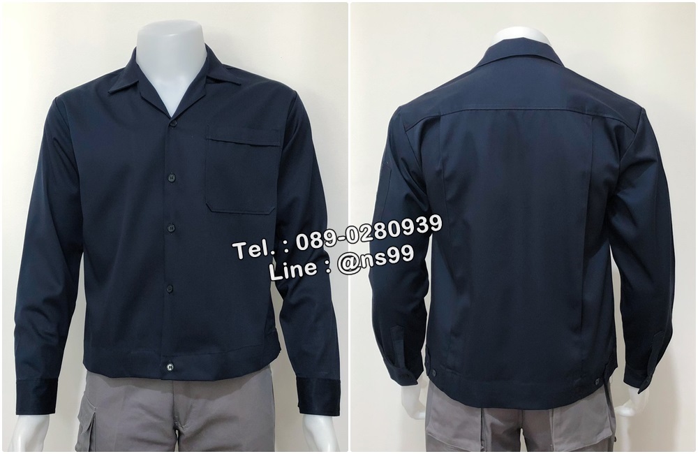 รหัส A113 : เสื้อช่างแขนยาวผ้าคอมทวิวแบบกระเป๋าเดียวชายเสื้อจั้มสีกรมล้วน