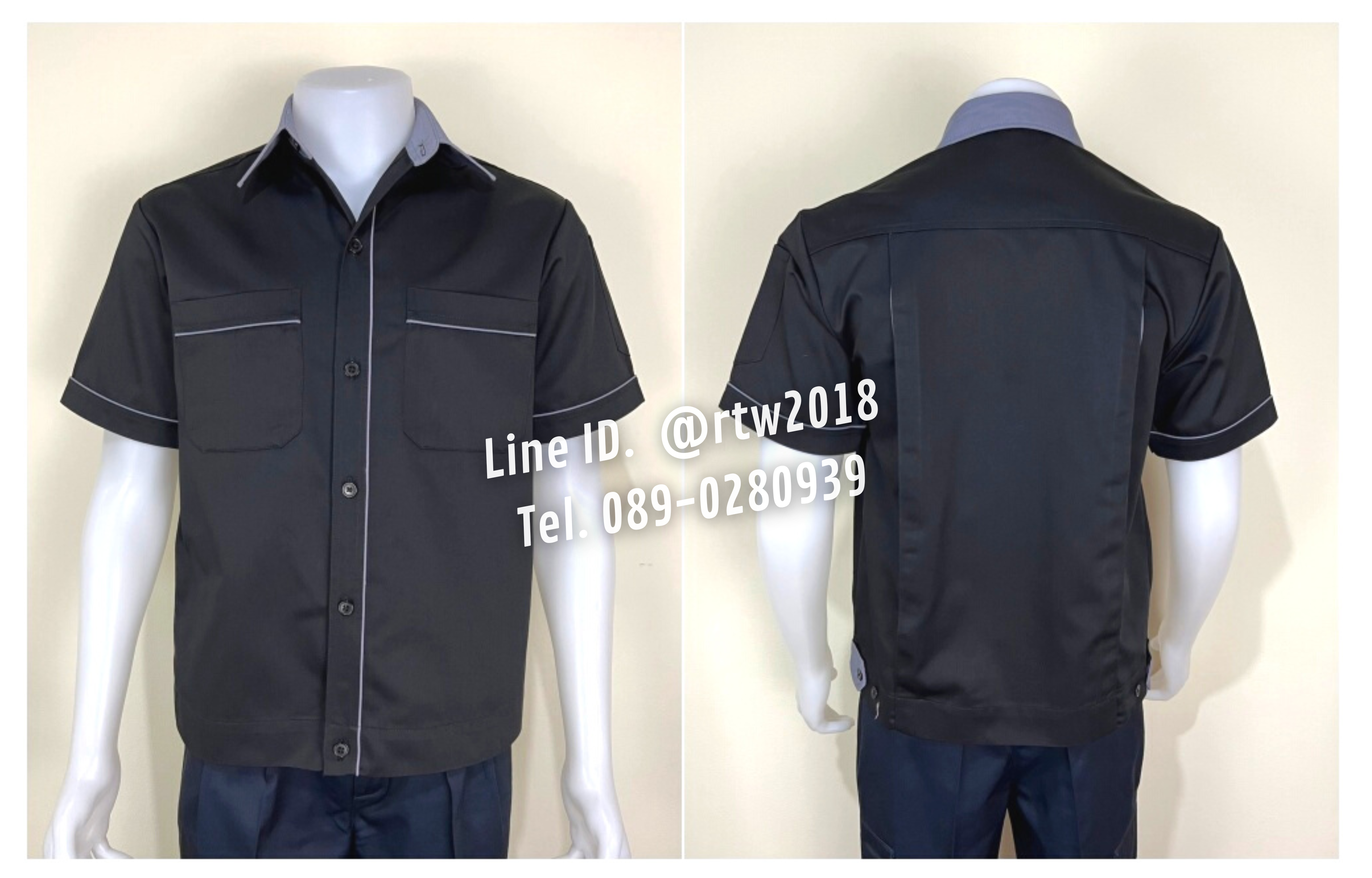 รหัส A7.13 : เสื้อช่างแขนสั้นผ้าคอมทวิวสีดำกุ้นเทา