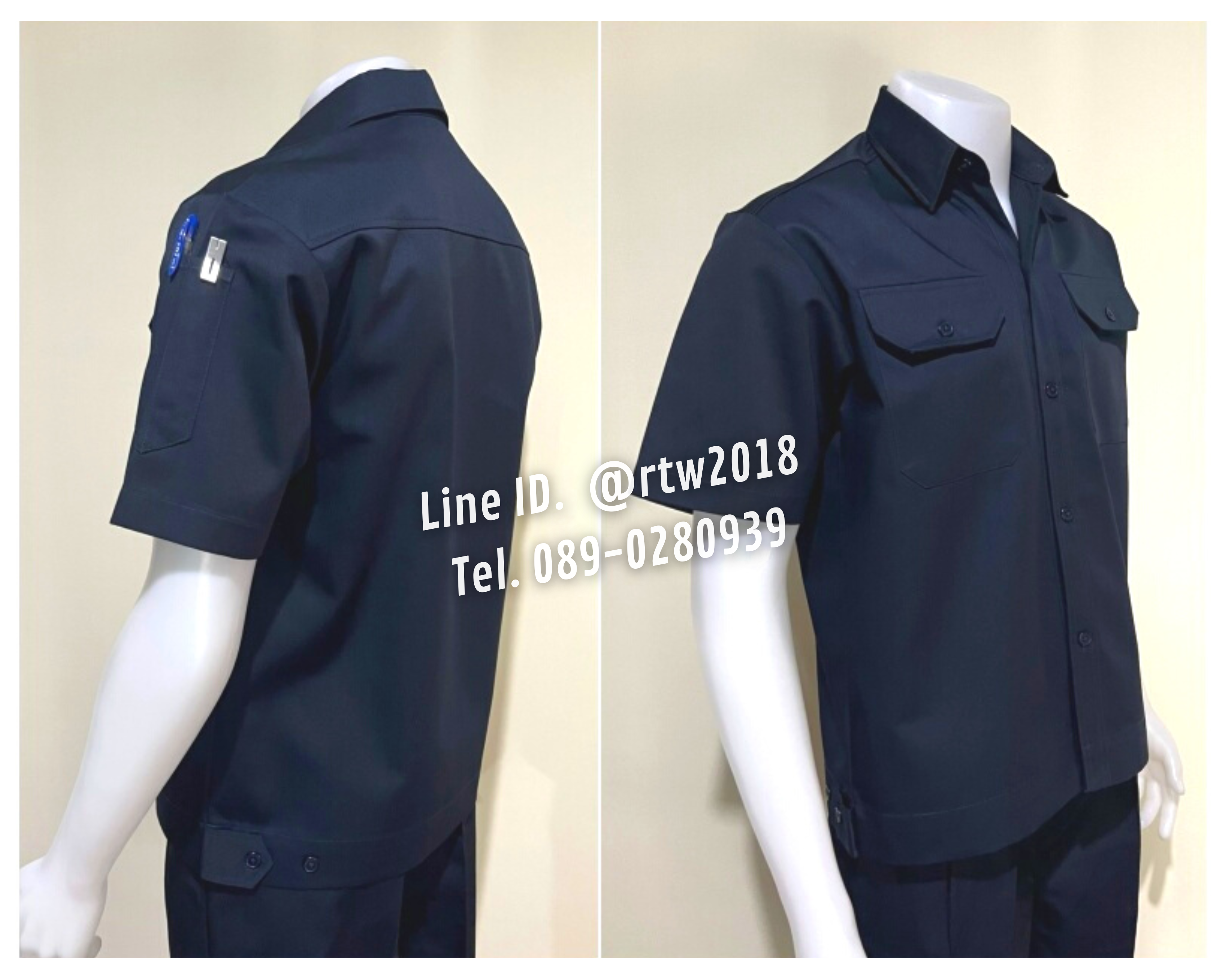 รหัส A2.1 : เสื้อช่างแขนสั้นผ้าคอมทวิวสองกระเป๋าที่อกสีกรมท่าล้วน