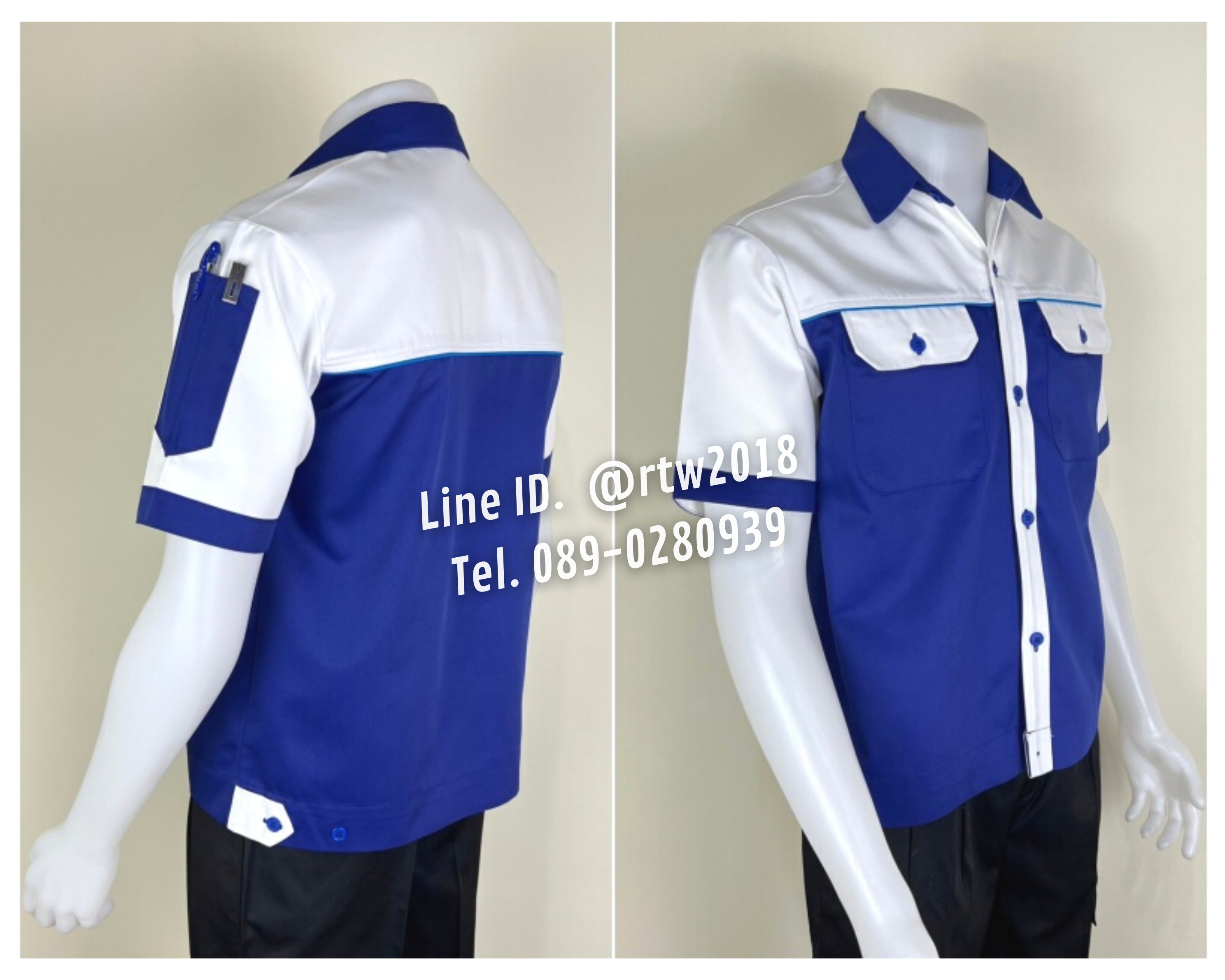 รหัส A29.4 : เสื้อช่างแขนสั้นผ้าคอมทวิวสีน้ำเงินอก+แขนขาว (กุ้นฟ้าเข้ม)