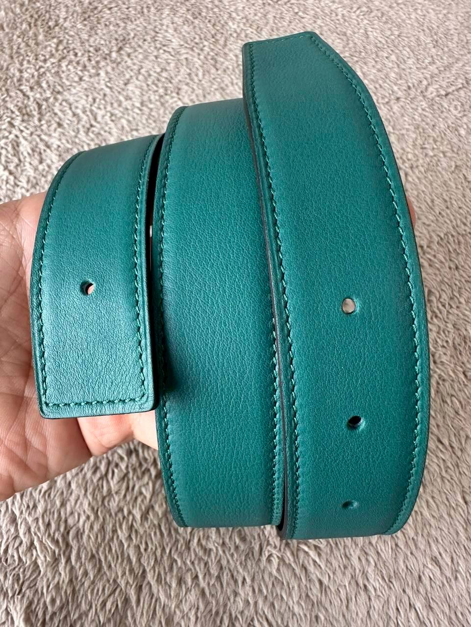 Hermes Belt สายสีเขียว/น้ำเงิน หัวกลมทอง