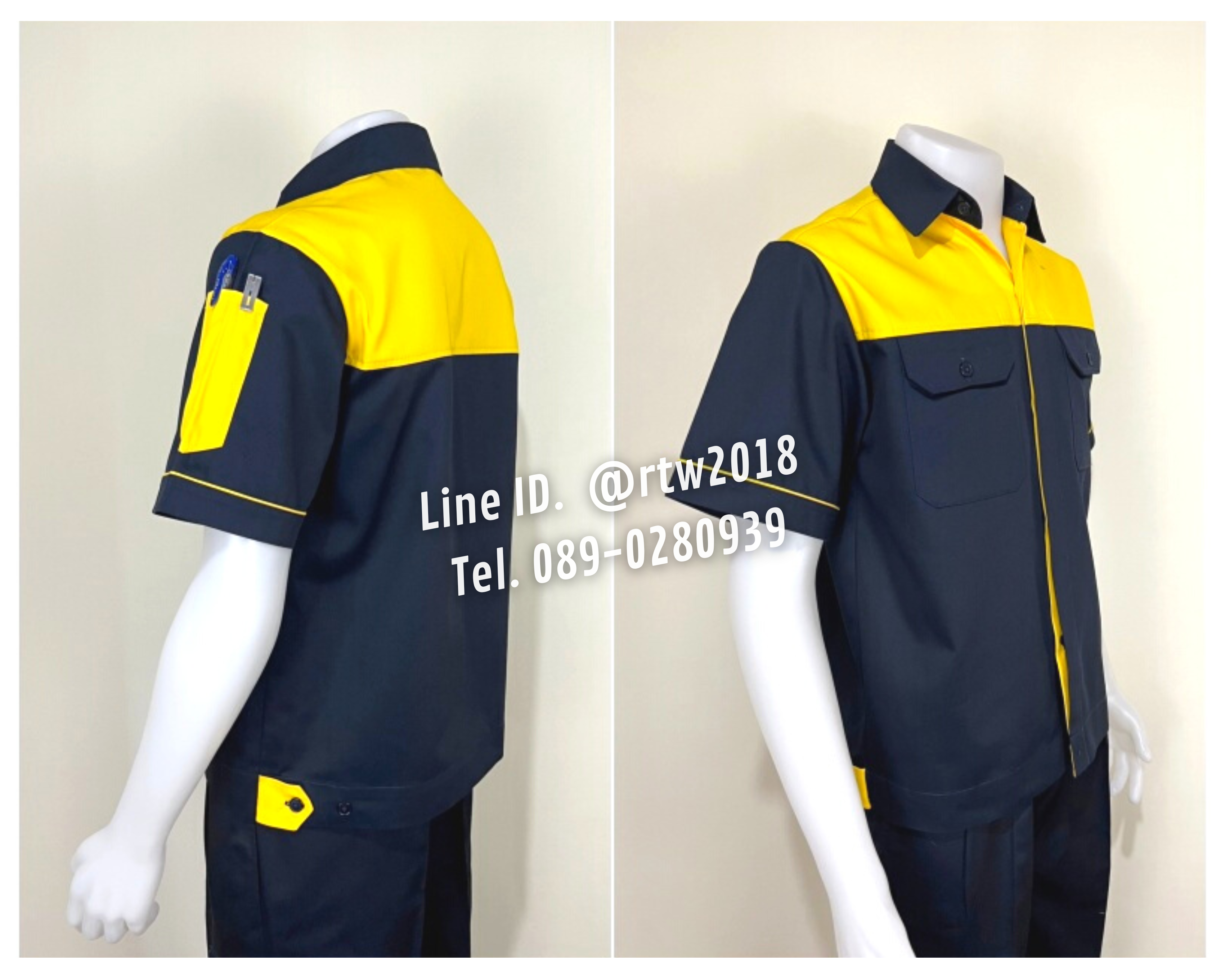 รหัส A9.4 : เสื้อช่างแขนสั้นผ้าคอมทวิวกรมท่าอกเหลือง (ซ่อนสาบ)