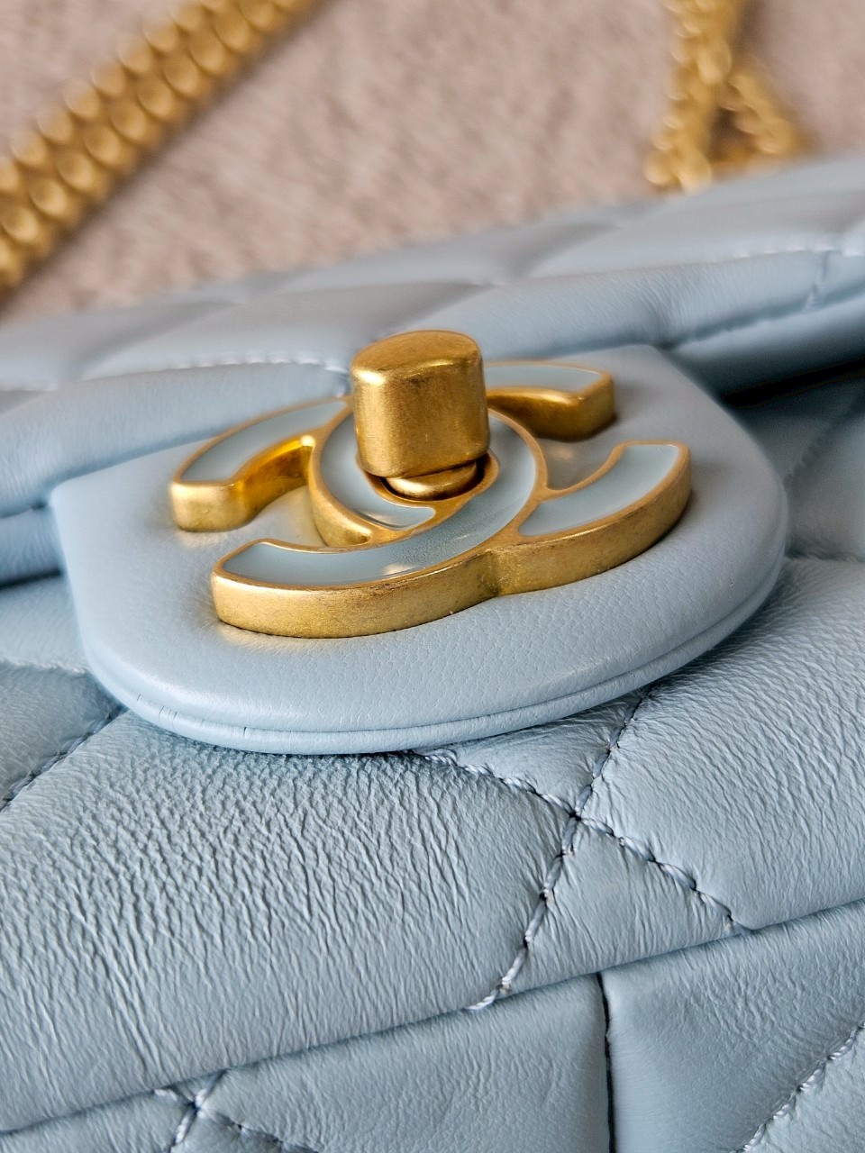 Chanel 22P Seasonal Mini Square Flap Bag Lambskin Light Blue And Enamel With Gold Hardware Metalplate