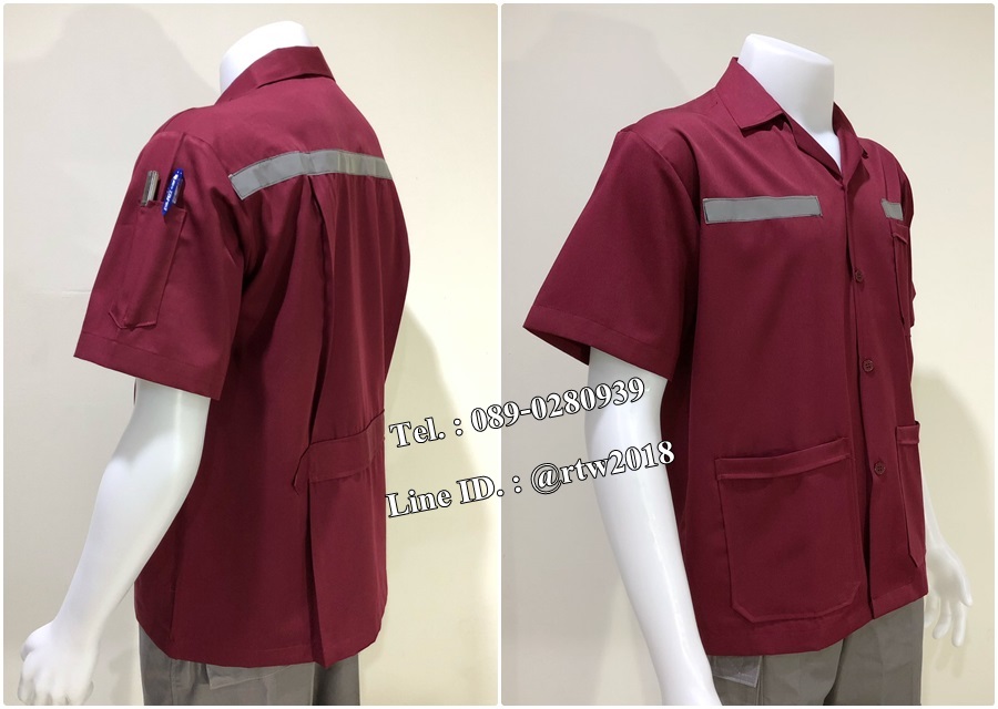 เสื้อช็อปแขนสั้นแบบสามกระเป๋าสีเลือดหมูติดสะท้อนแสง (รหัส A105)