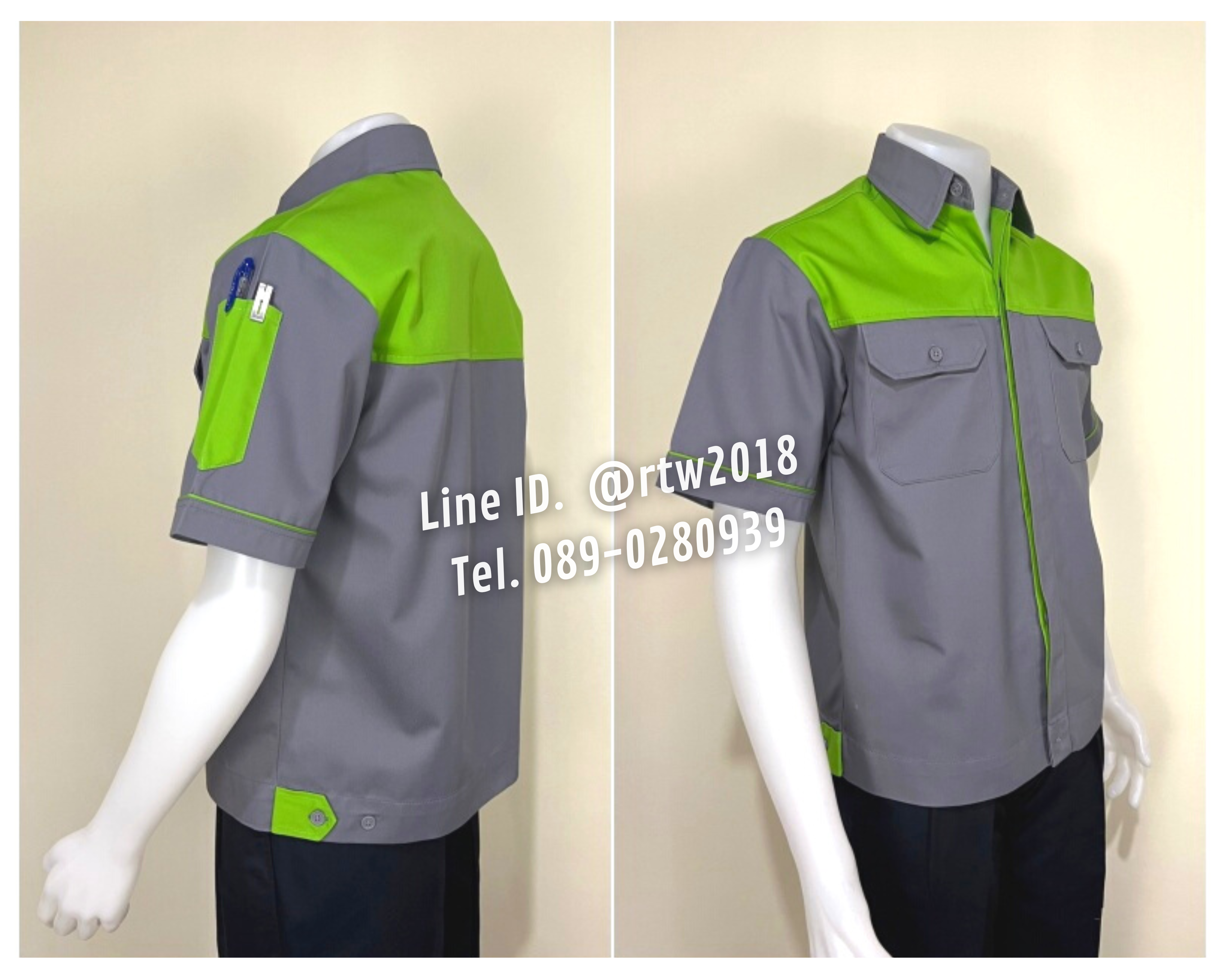 รหัส A8.5 : เสื้อช่างแขนสั้นผ้าคอมทวิวเทาอกเขียว (ซ่อนสาบ)