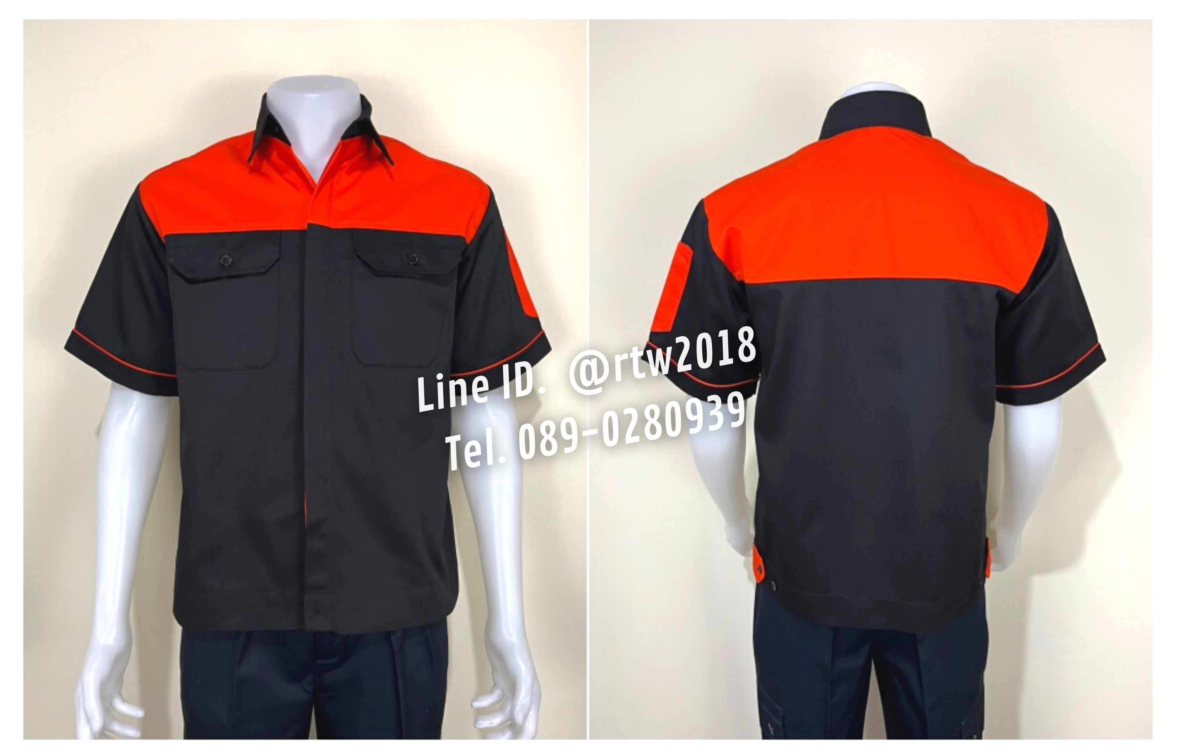 รหัส A10.6 : เสื้อช่างแขนสั้นผ้าคอมทวิวดำอกส้ม (ซ่อนสาบ)