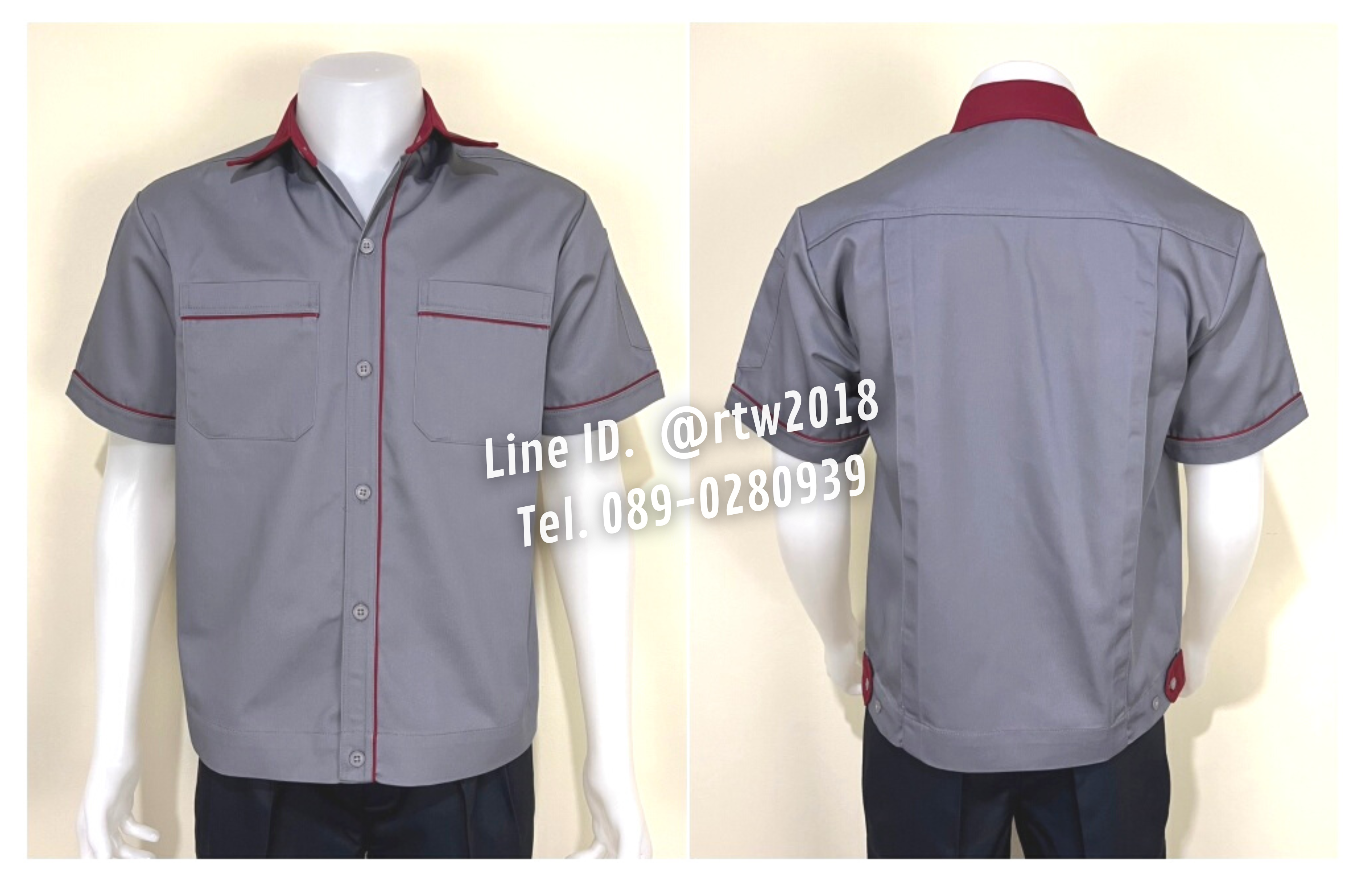 รหัส A5.12 : เสื้อช่างแขนสั้นผ้าคอมทวิวสีเทากุ้นเลือดหมู