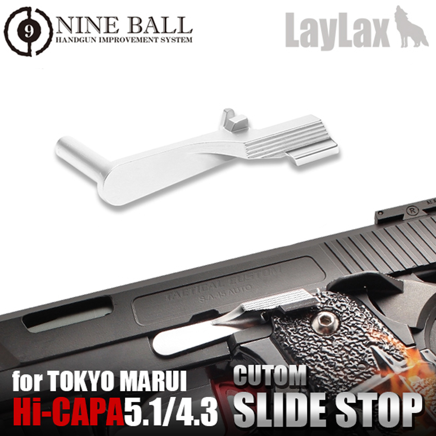 LAYLAX Nine Ball Extended Slide Stop for Tokyo Marui Hi-CAPA 5.1 / 4.3 - Silver