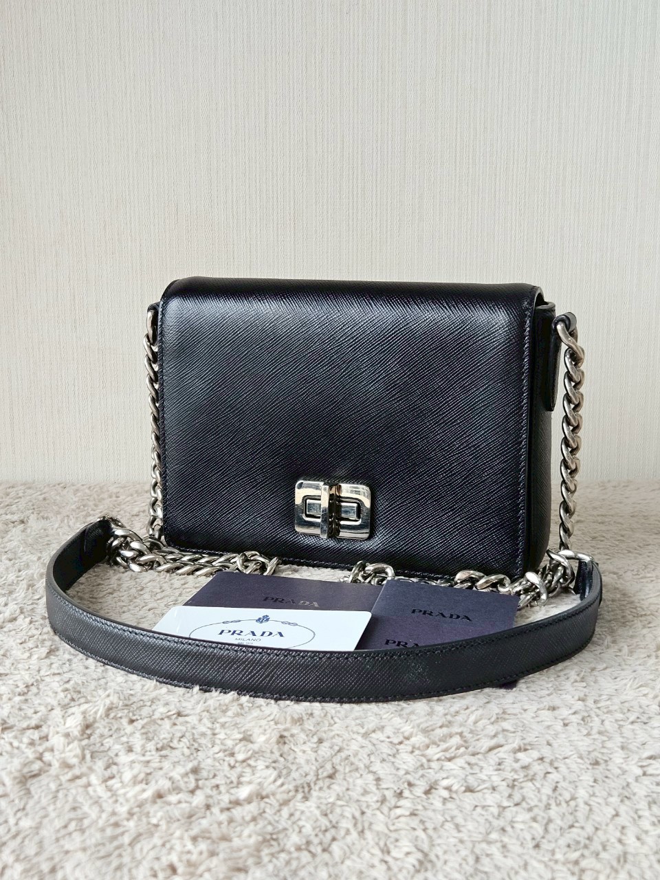 Prada 1BH014 Black Saffiano Leather Chain Shoulder Bag
