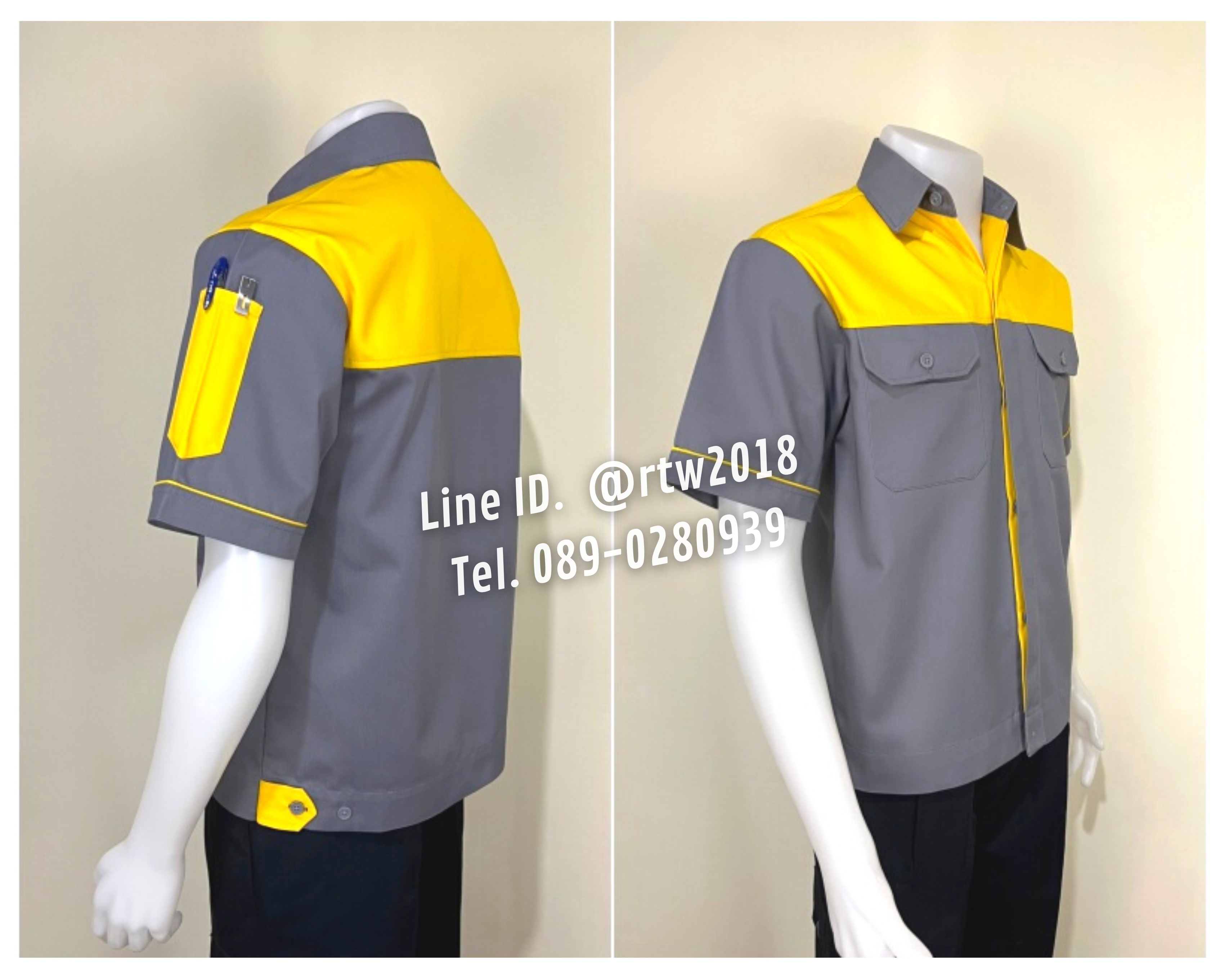 รหัส A8.6 : เสื้อช่างแขนสั้นผ้าคอมทวิวเทาอกเหลือง (ซ่อนสาบ)