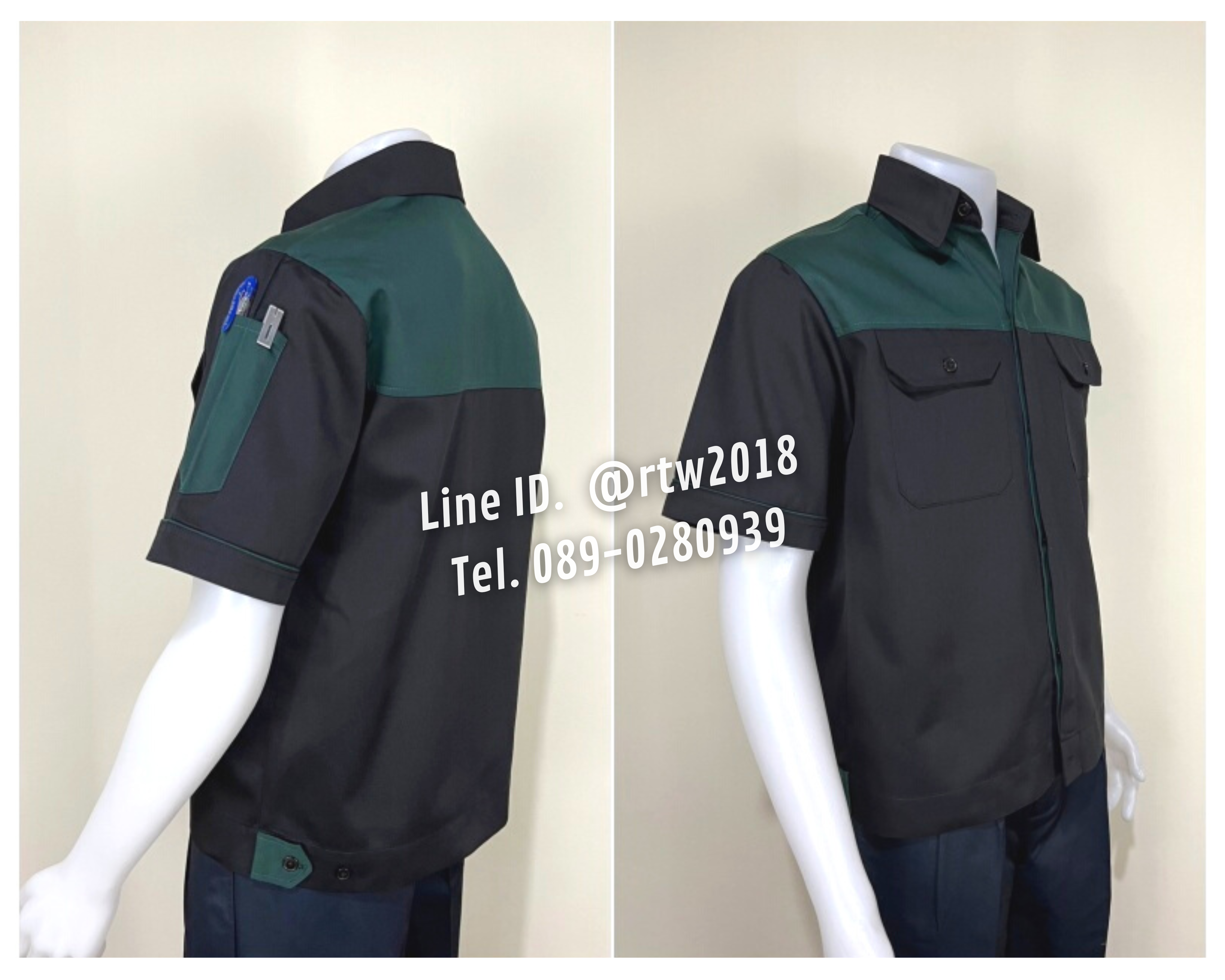 รหัส A10.3 : เสื้อช่างแขนสั้นผ้าคอมทวิวดำอกเขียวแก่ (ซ่อนสาบ)