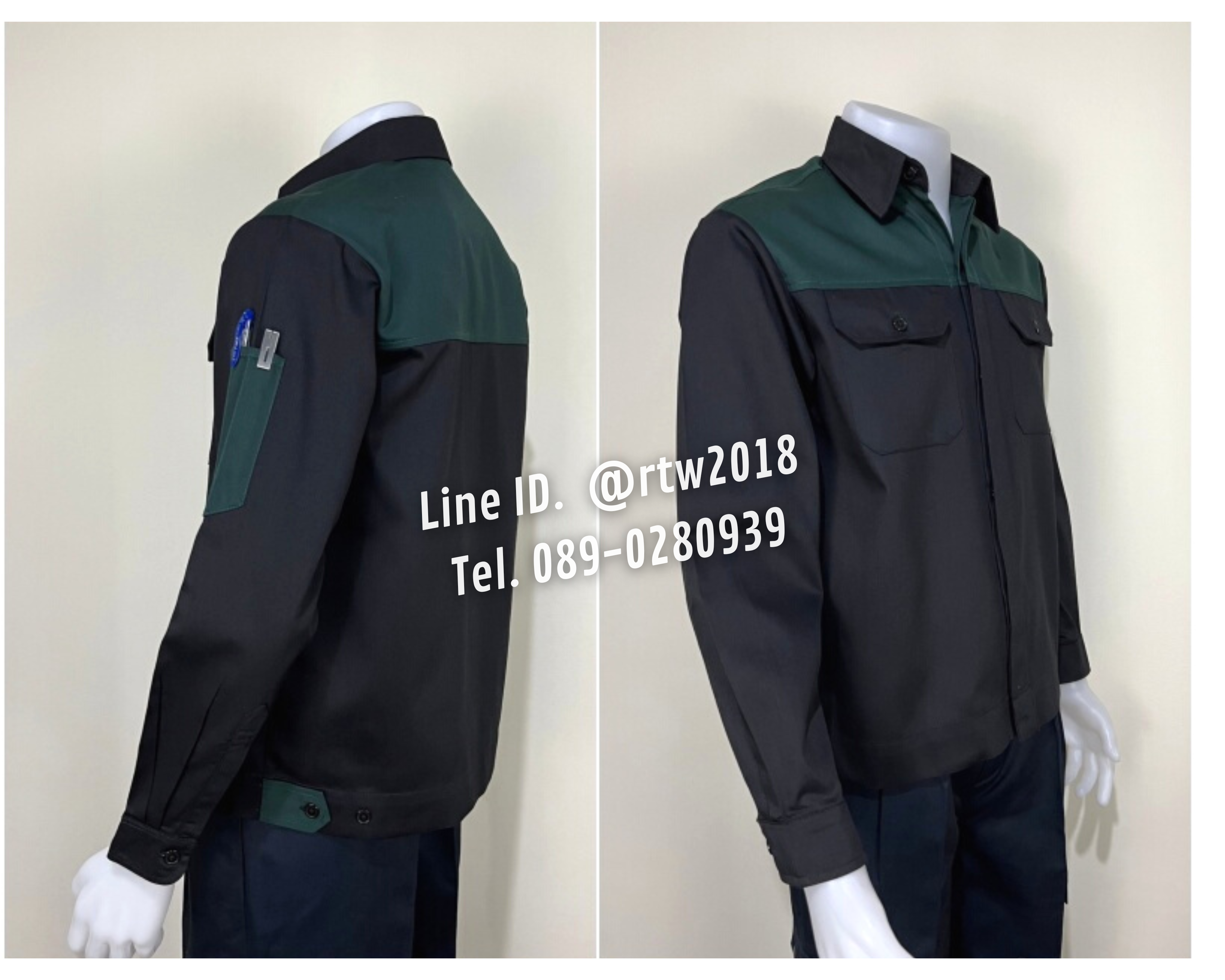 รหัส AB4.6 : เสื้อช่างแขนยาวผ้าคอมทวิวดำอกเขียวแก่ (ซ่อนสาบ)