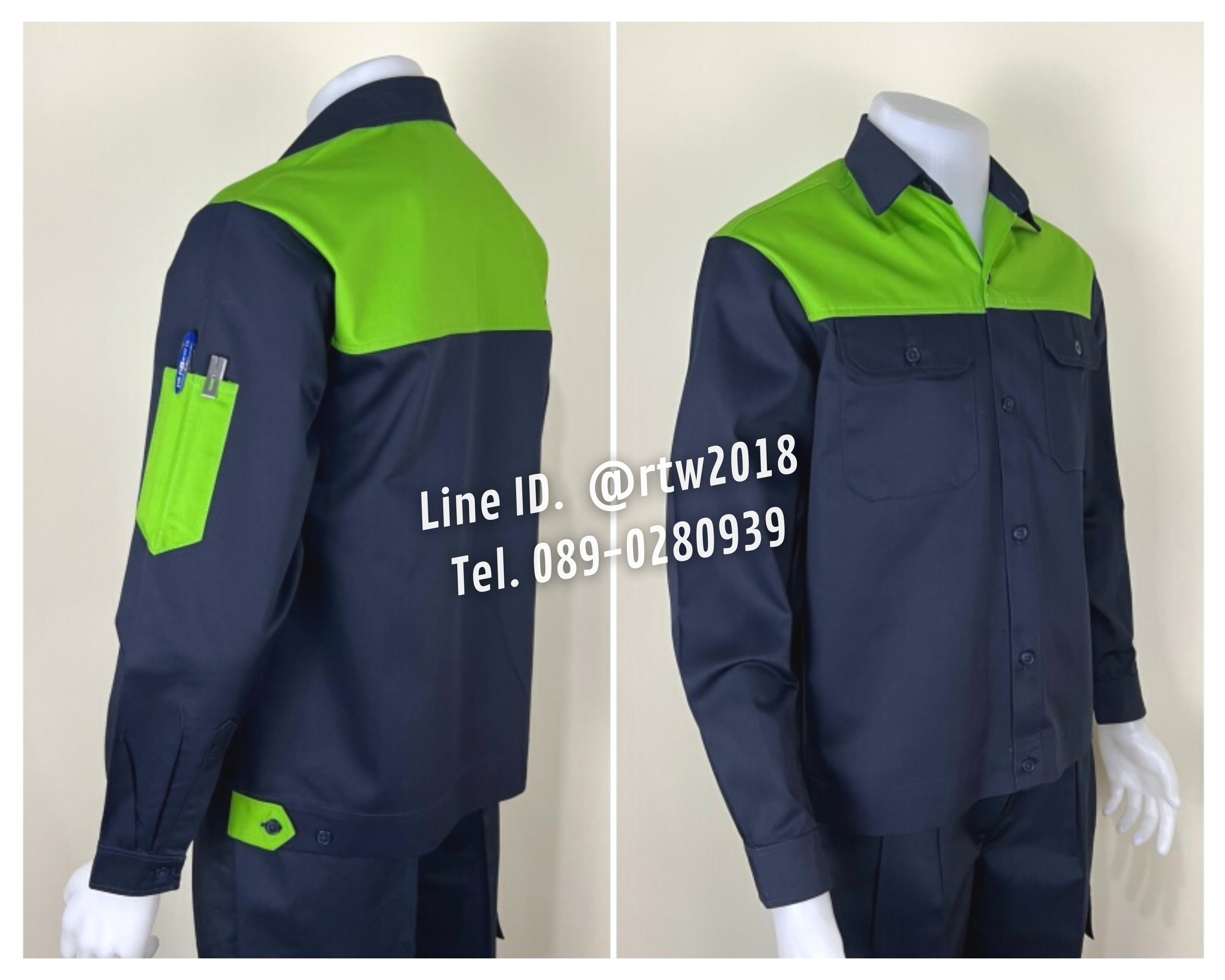 รหัส AB15.4 : เสื้อช่างแขนยาวผ้าคอมทวิวสีกรมท่าอกเขียวอ่อน