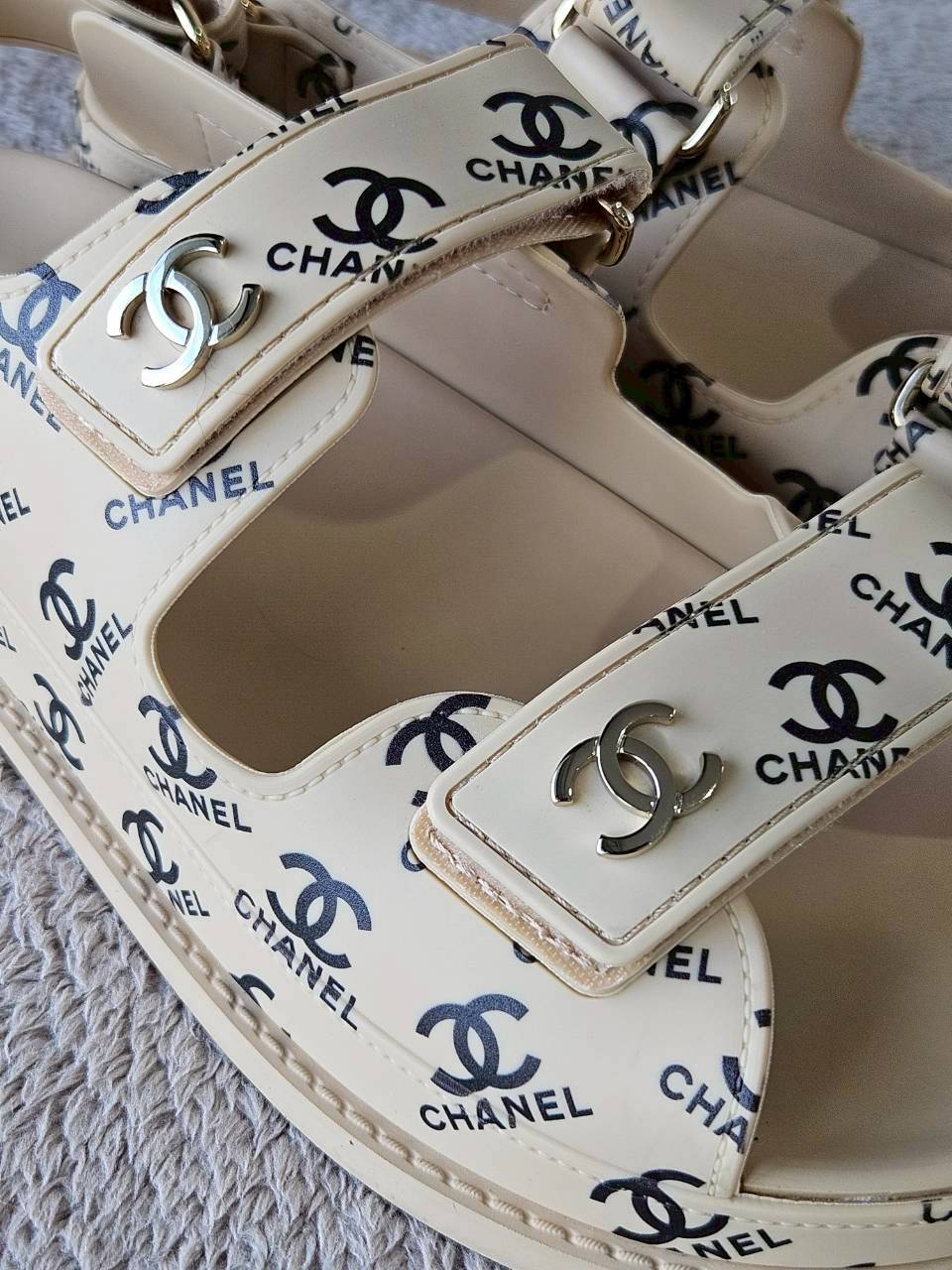 Chanel CC Dad Sandals In Rubber with God Hardware Beige