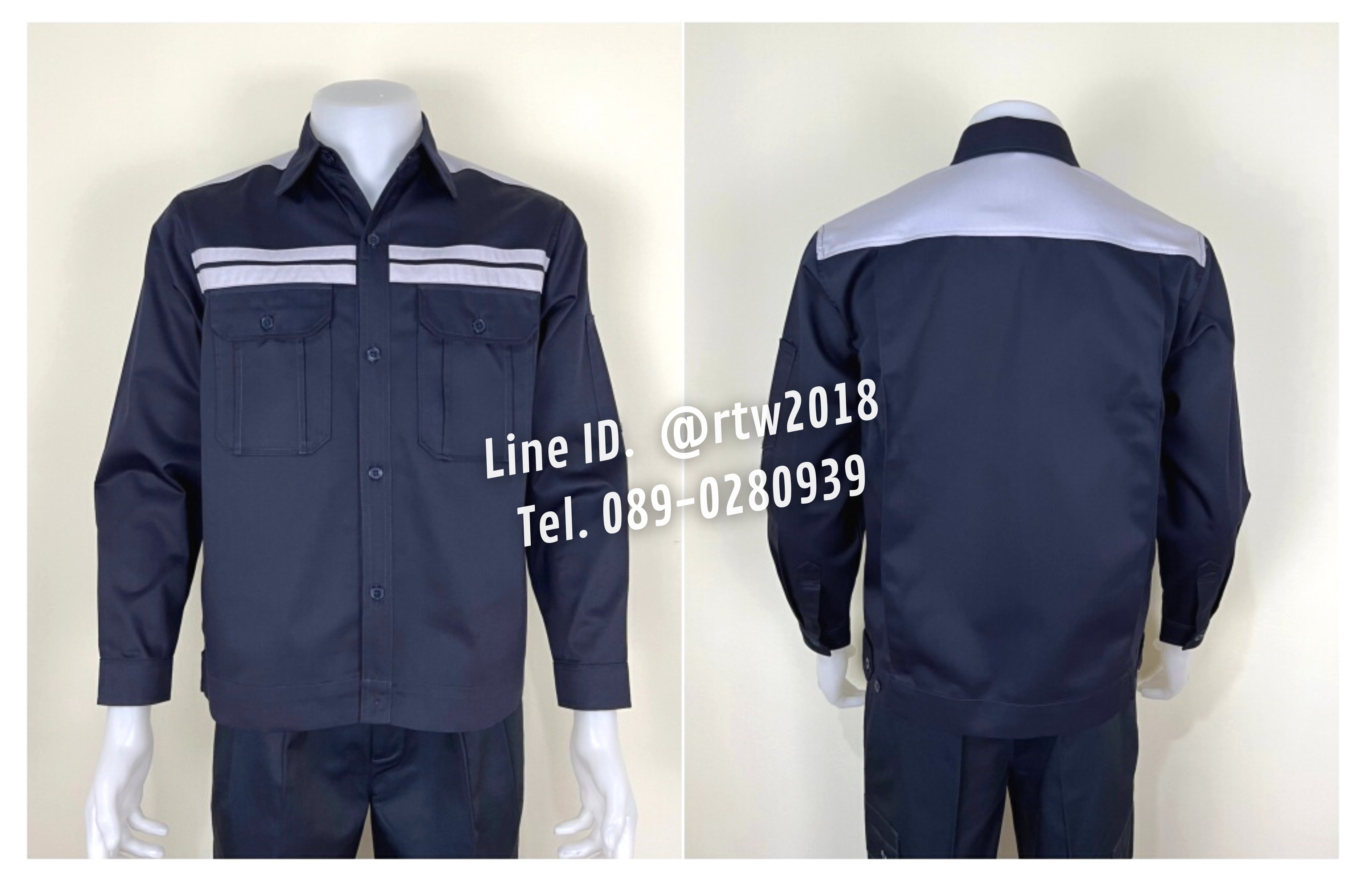 รหัส AB8.3 : เสื้อช่างแขนยาวผ้าคอมทวิวสีกรมท่าคาดอกขาวคู่