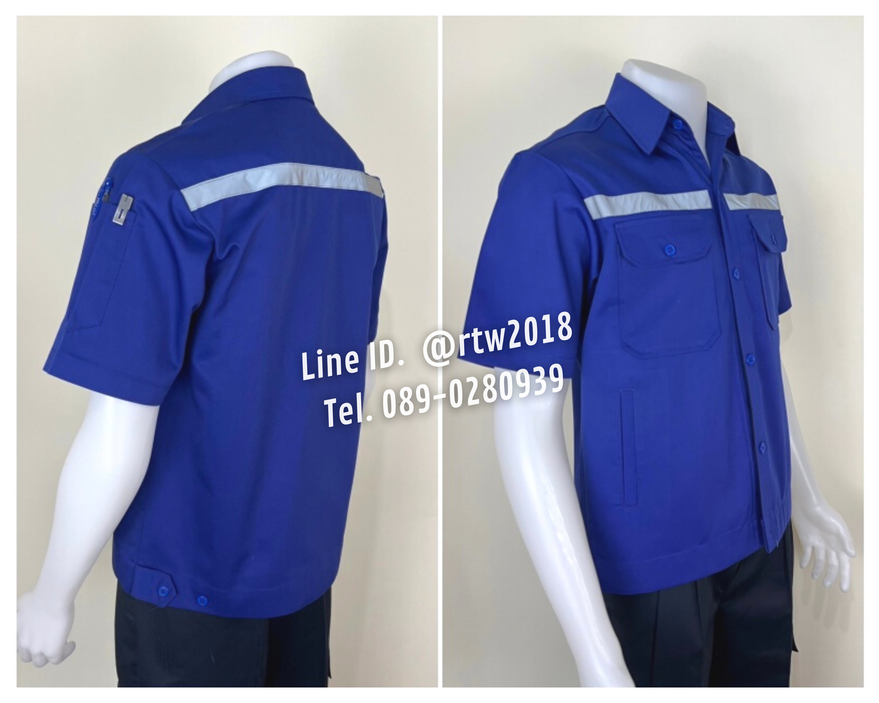 รหัส A4.6 : เสื้อช่างแขนสั้นผ้าคอมทวิวสี่กระเป๋าสีน้ำเงินล้วน (ติดสะท้อนแสง)