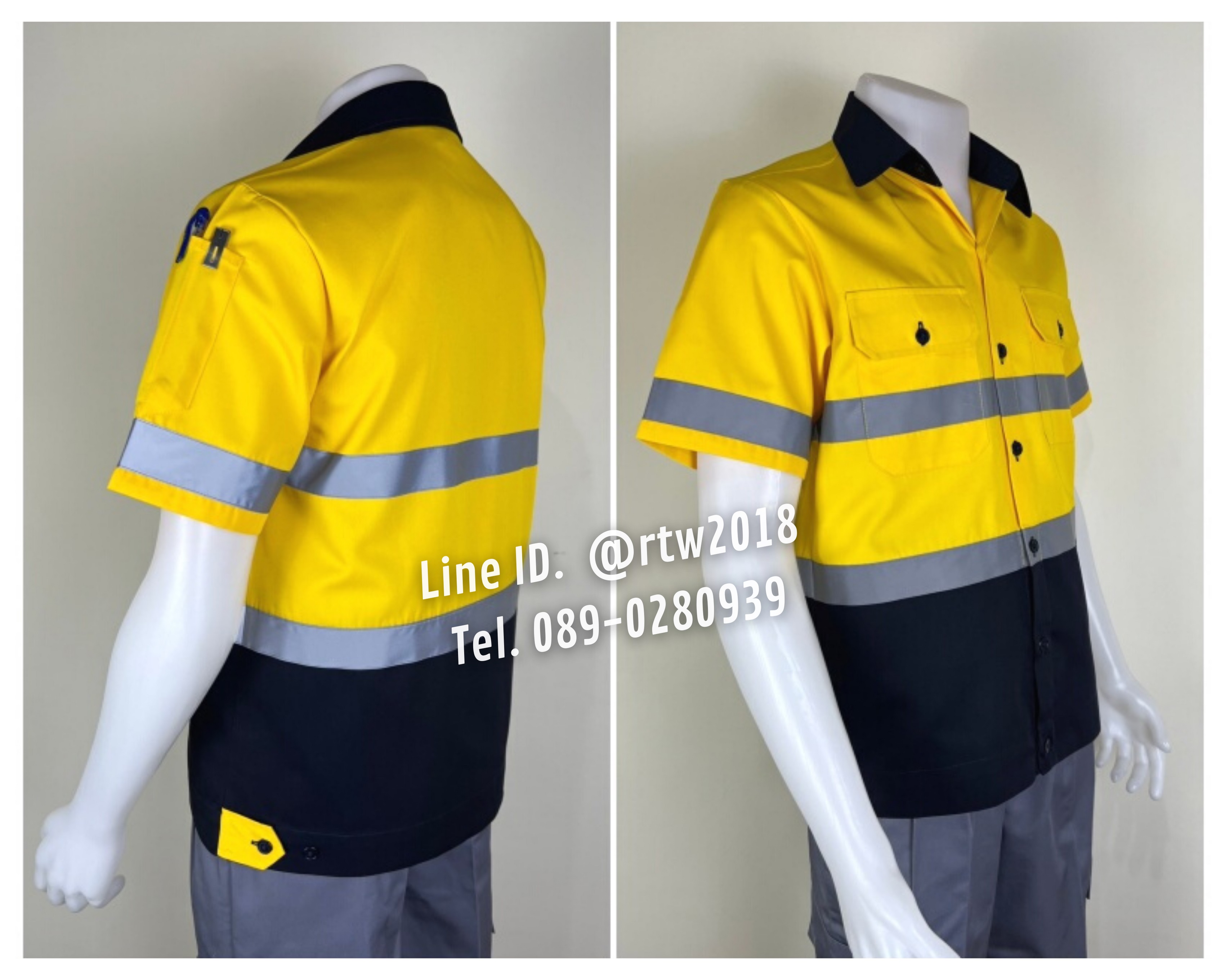 รหัส A37.1 : เสื้อช่างแขนสั้นผ้าคอมทวิว (กรมท่า/เหลือง) (ติดสะท้อนแสง) (รุ่น ลอนดอน)