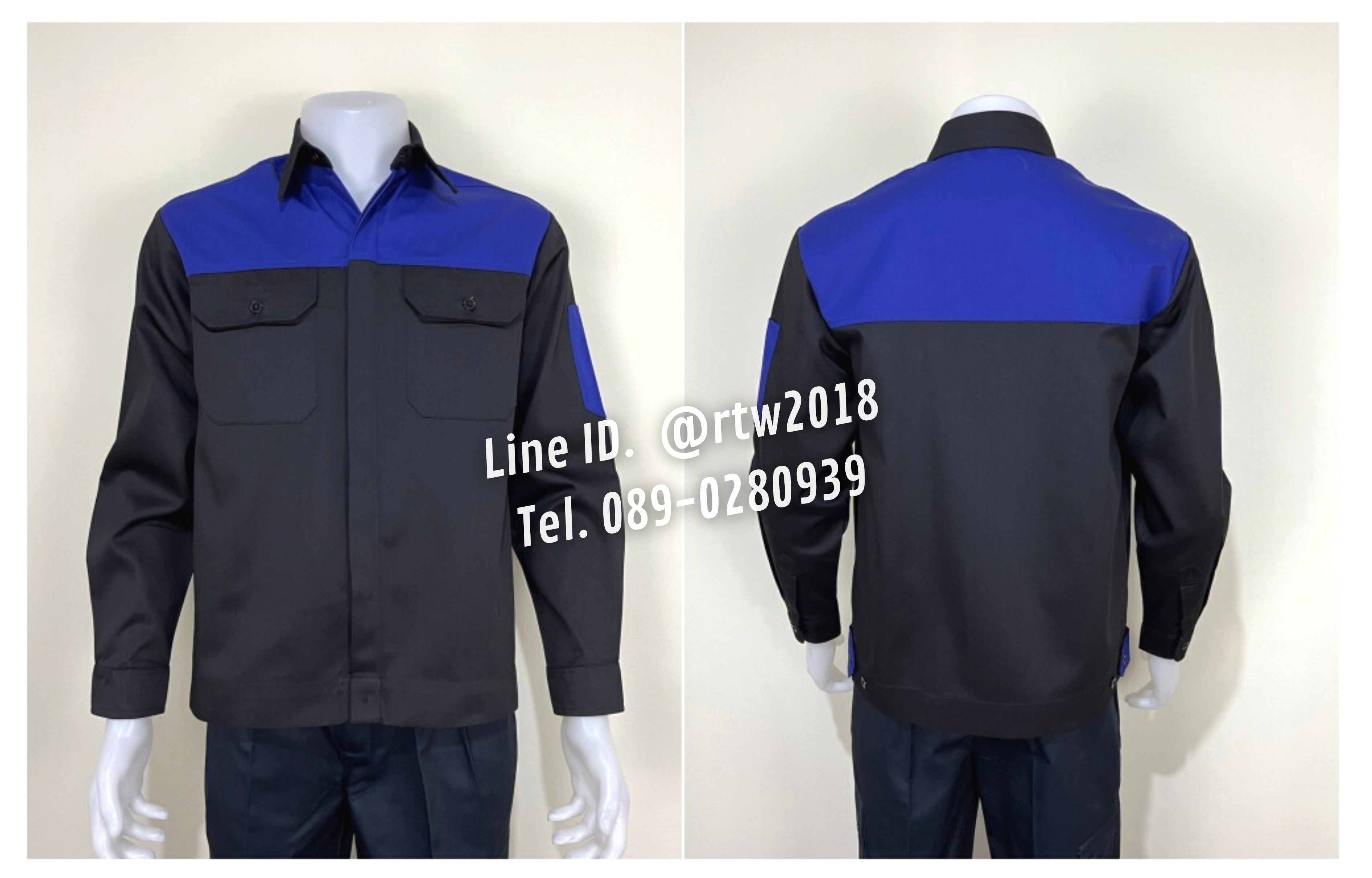รหัส AB4.7 : เสื้อช่างแขนยาวผ้าคอมทวิวดำอกน้ำเงิน (ซ่อนสาบ)