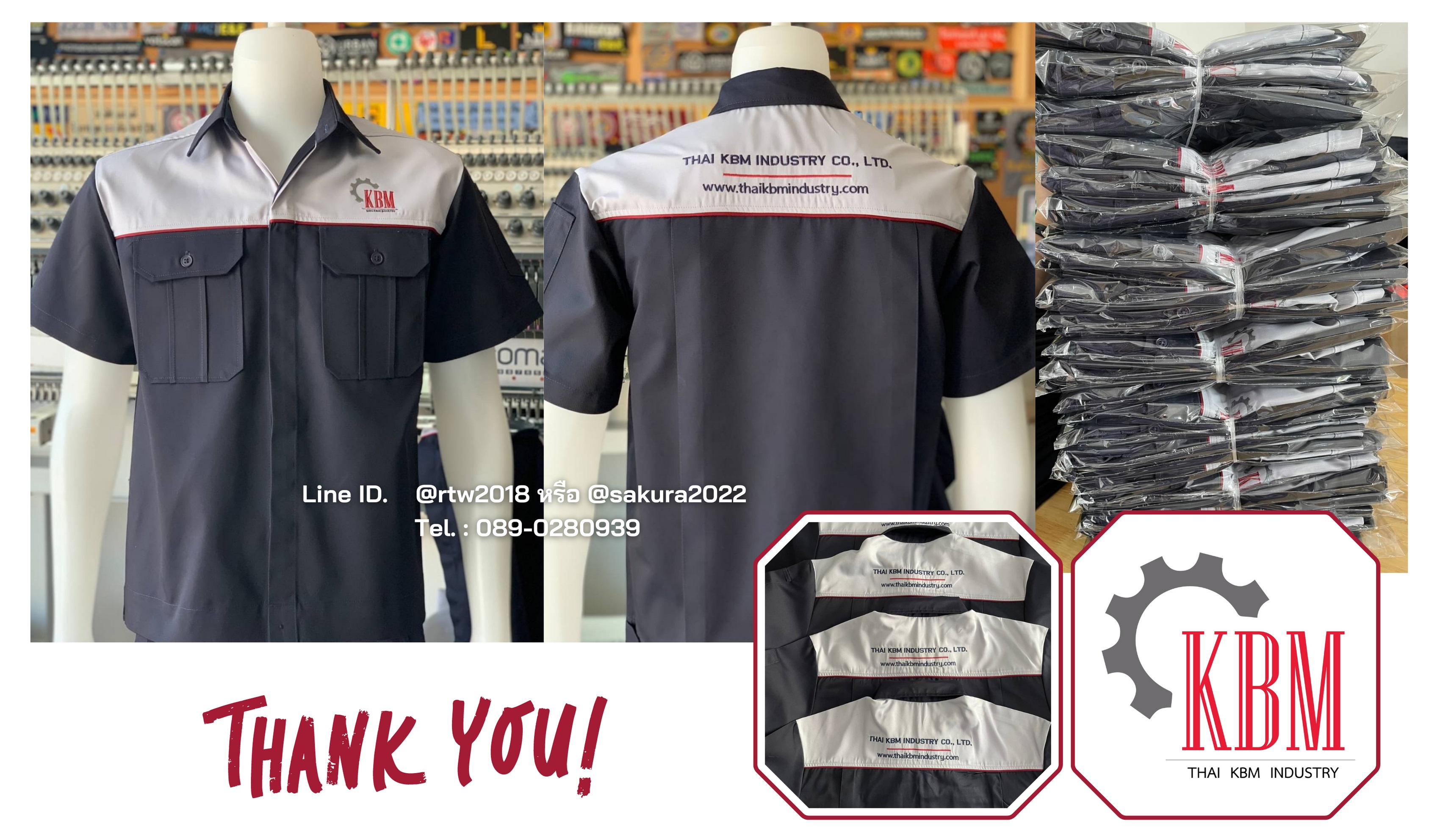 รหัส A21 : เสื้อช่างแขนสั้นผ้าคอมทวิวสีกรมท่าอกเทาอ่อนกุ้นส้ม (ซ่อนสาบ) (วอลโว่)