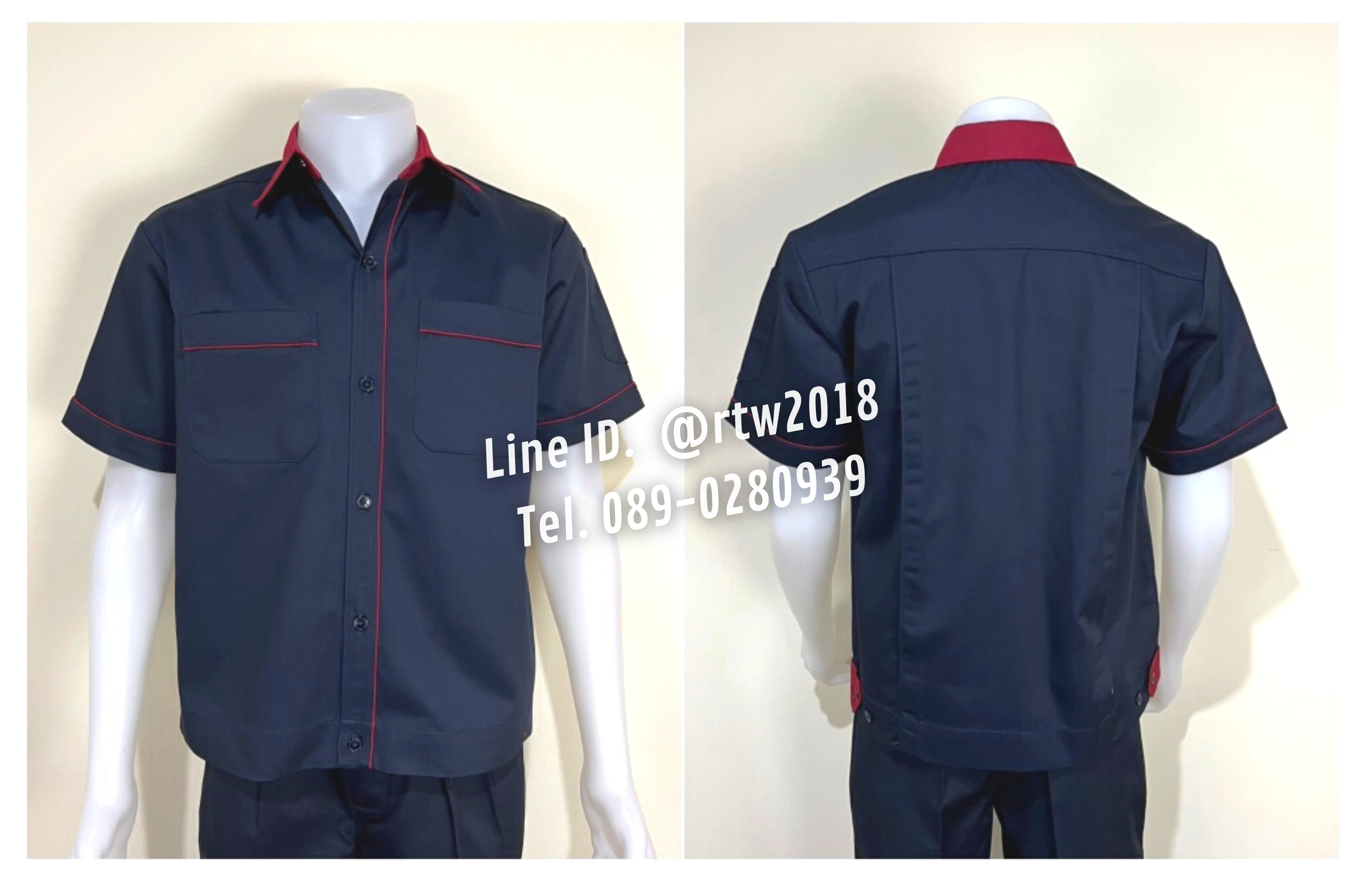 รหัส A6.10 : เสื้อช่างแขนสั้นผ้าคอมทวิวสีกรมท่ากุ้นเลือดหมู